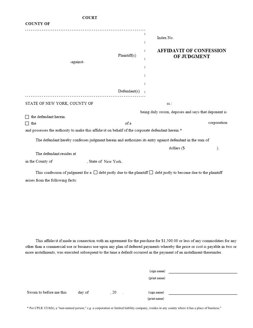 Affidavit Of Confession Of Judgment | Pdf Fpdf Doc Docx | New York