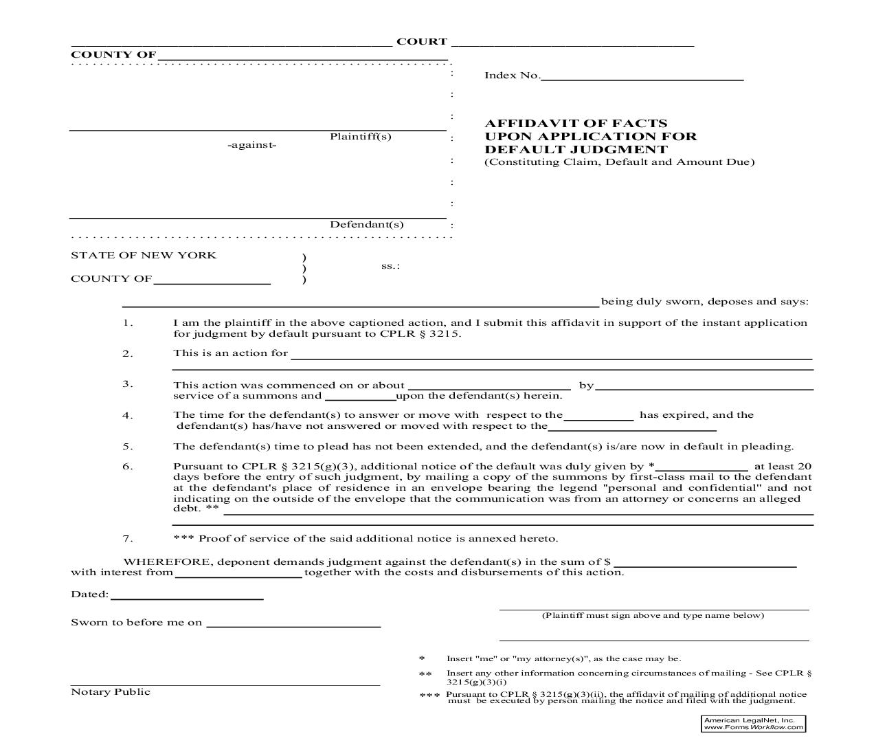 Affidavit Of Facts Upon Application For Default Judgment | Pdf Fpdf Doc Docx | New York
