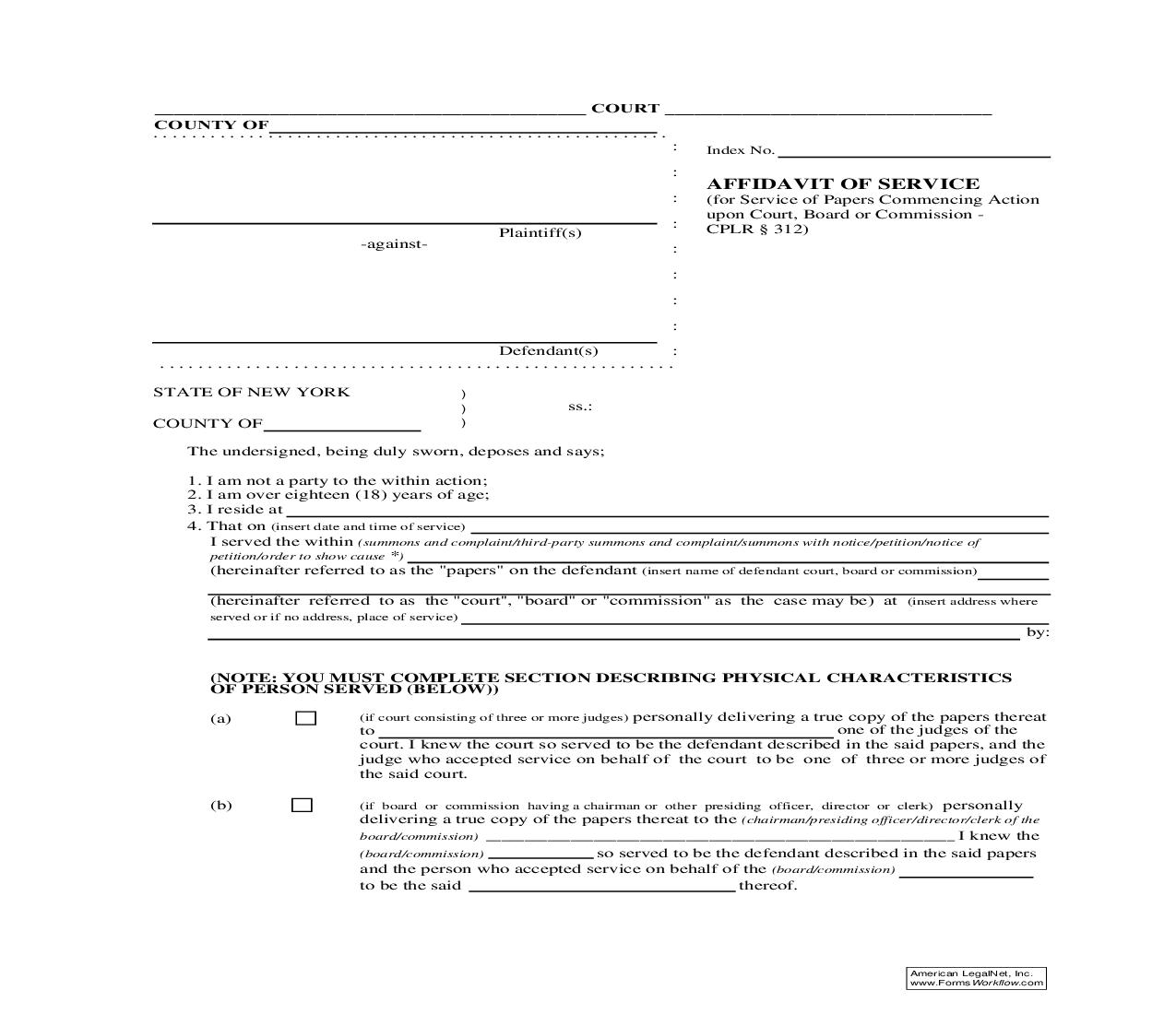 Affidavit Of Service (For Service Of Papers Commencing  Action Upon Court Board Or Commission CPLR 312 | Pdf Fpdf Doc Docx | New York