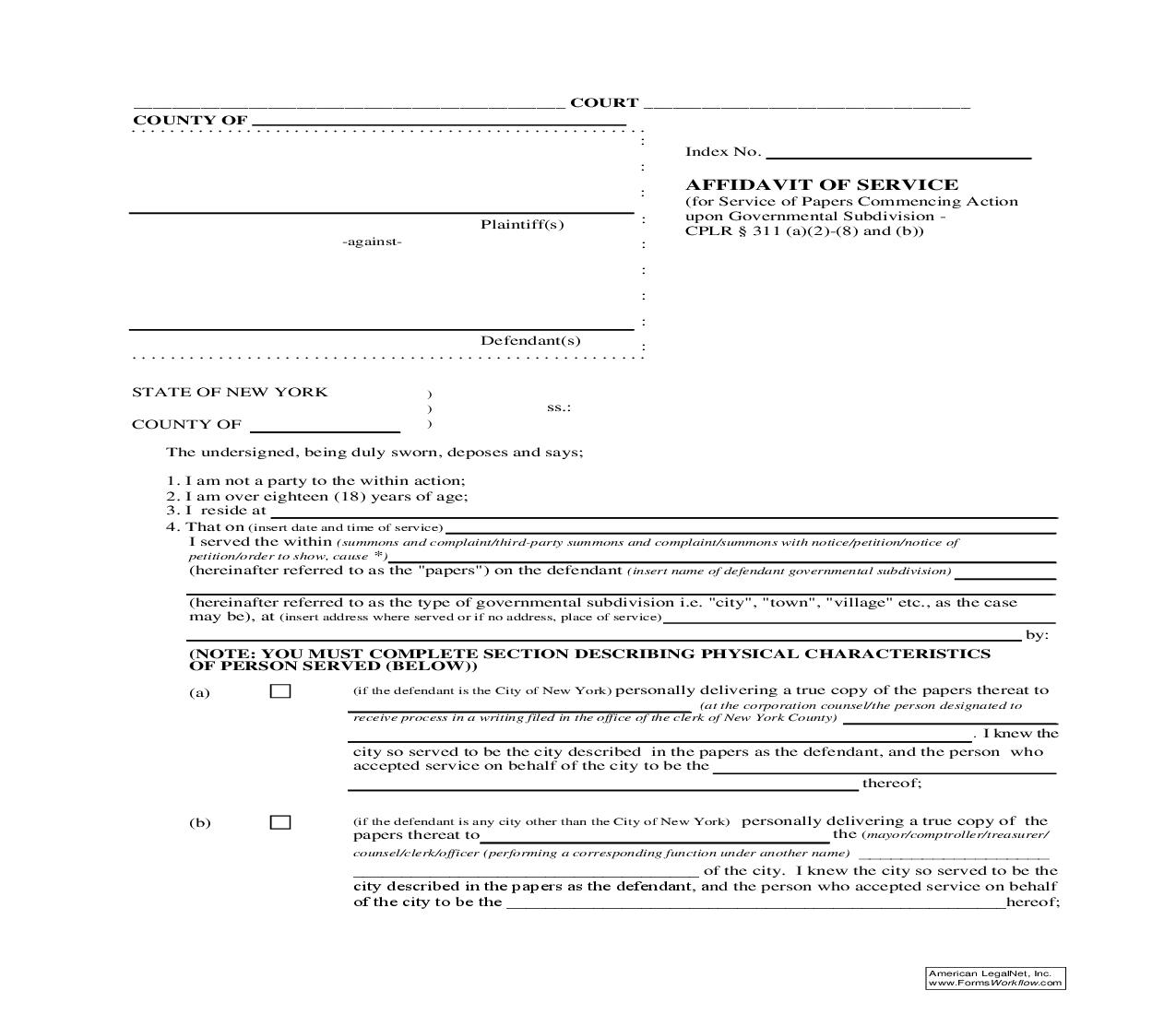 Affidavit Of Service (For Service Of Papers Commencing Action Upon Govermental Subdivision CPLR 311(a)(2)-(8) And (b)) | Pdf Fpdf Doc Docx | New York