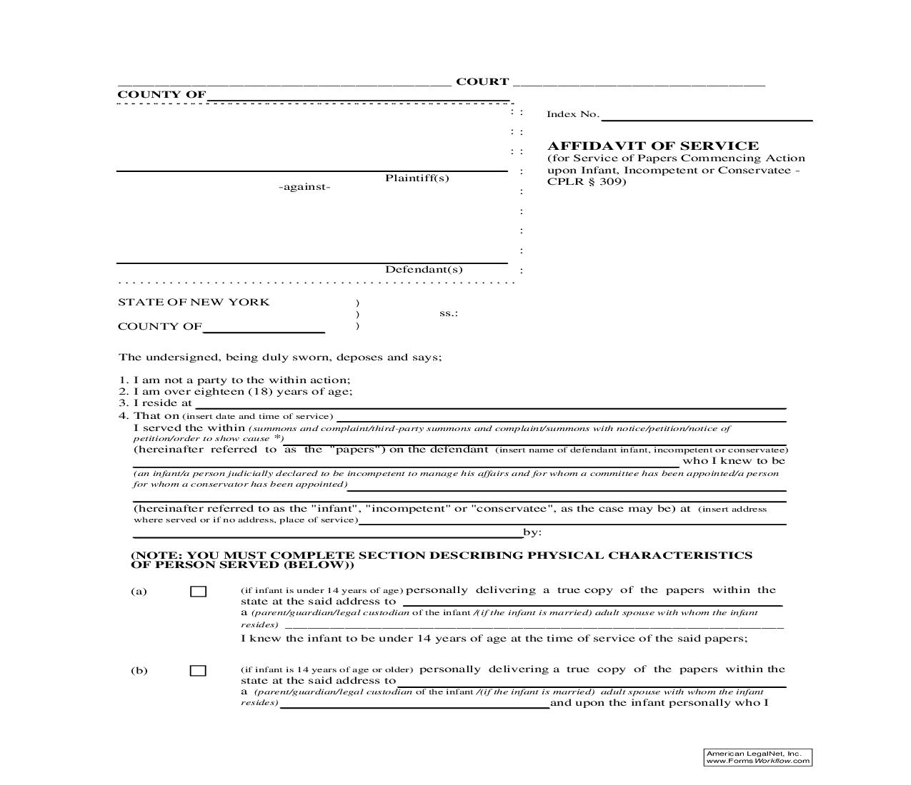 Affidavit Of Service (For Service Of Papers Commencing Action Upon Infant Incompetent Or Conservatee CPLR 309) | Pdf Fpdf Doc Docx | New York