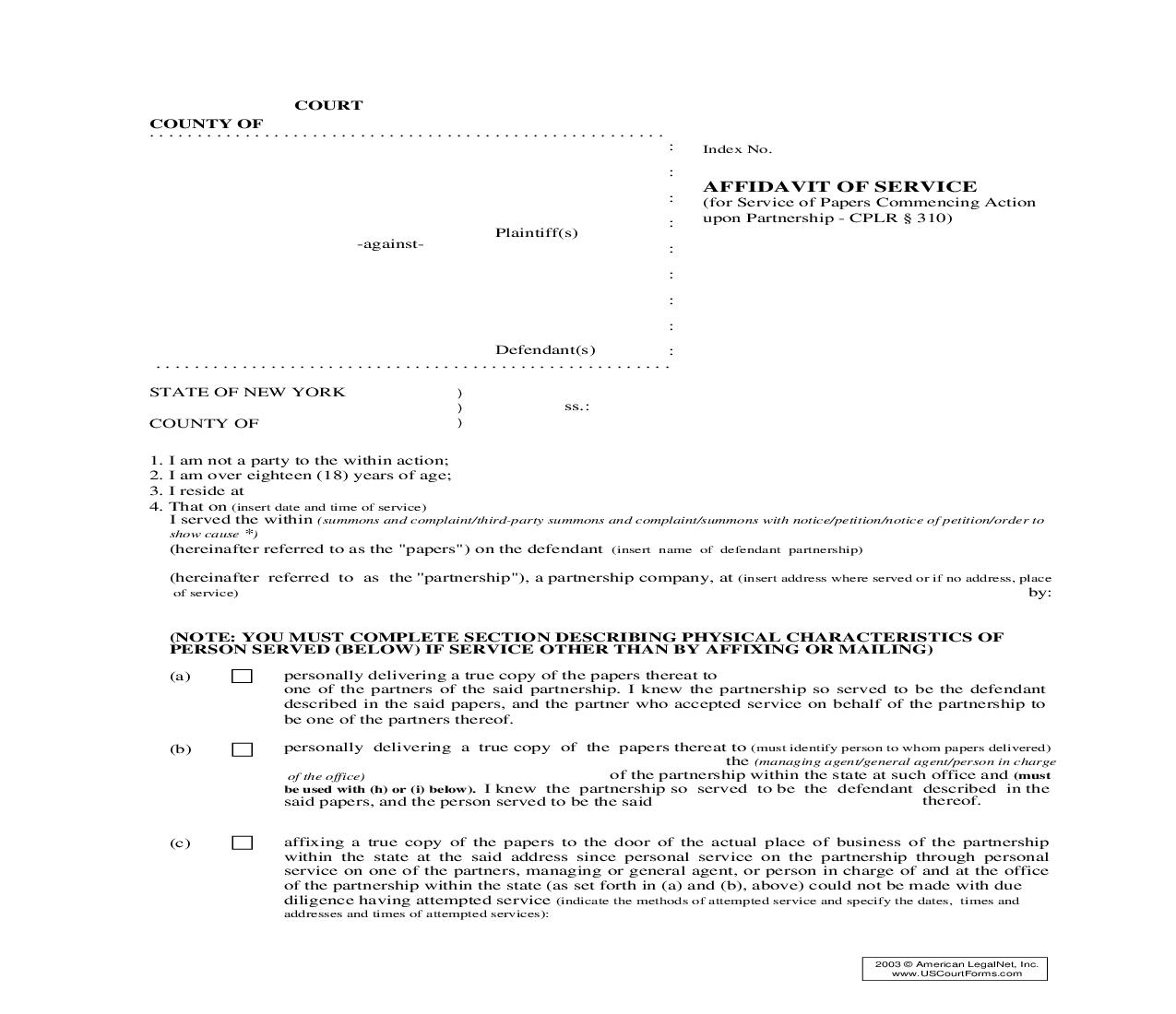 Affidavit Of Service (For Service Of Papers Commencing Action Upon Partnership CPLR 310) | Pdf Fpdf Doc Docx | New York
