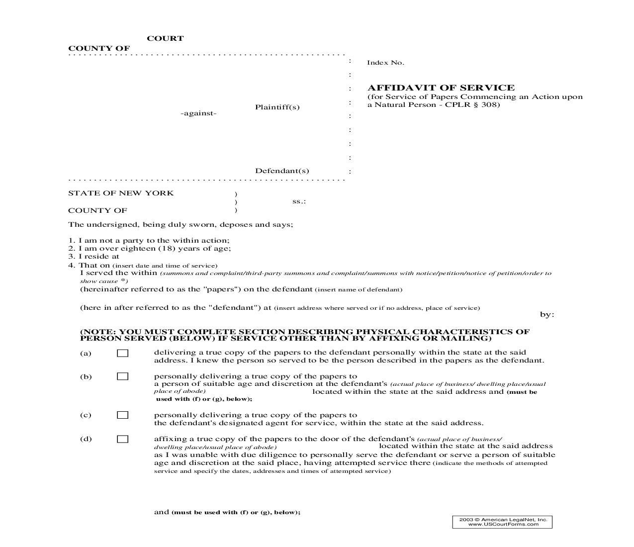 Affidavit Of Service (For Service Of Papers Commencing An Action Upon A Natural Person CPLR 308) | Pdf Fpdf Doc Docx | New York