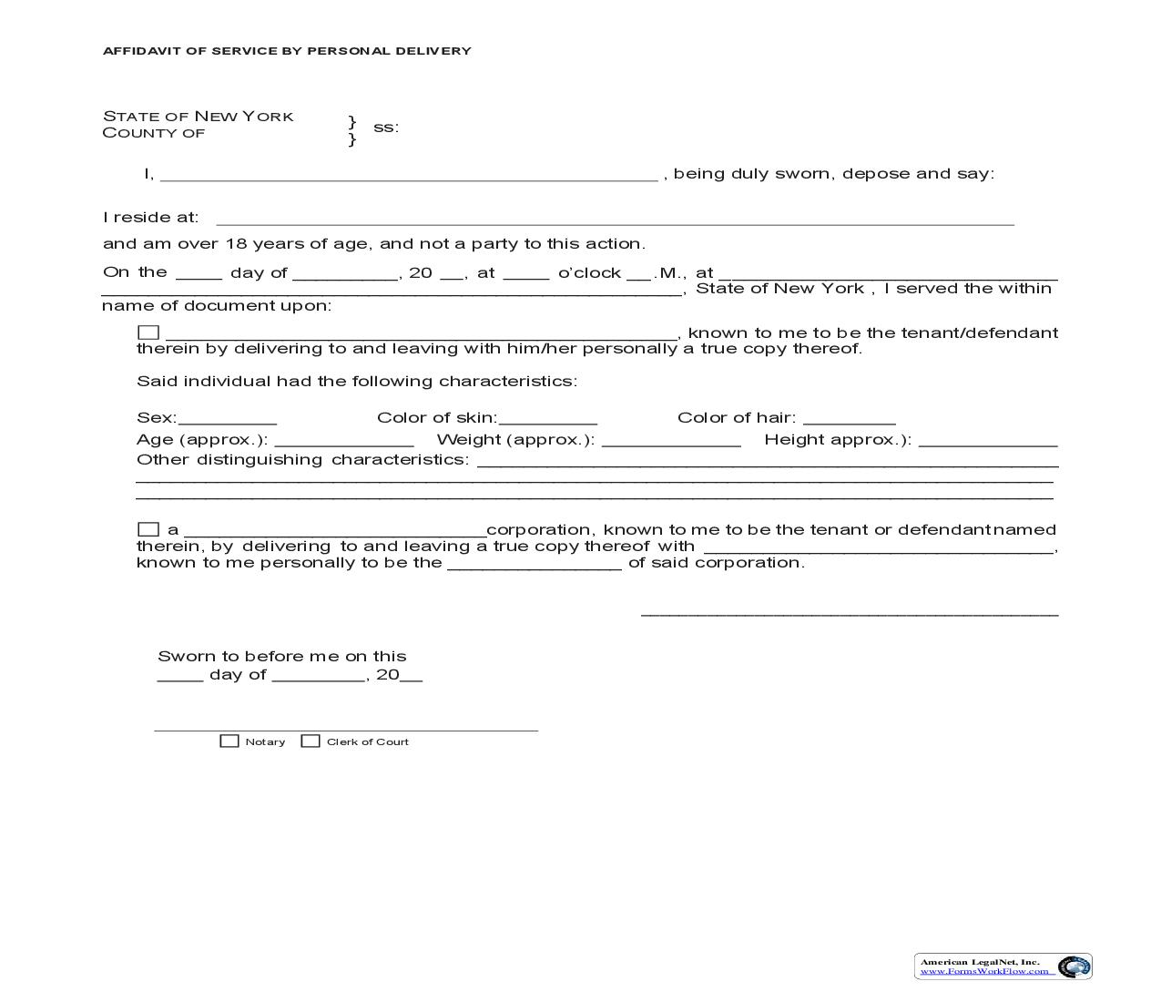 Affidavit Of Service By Personal Delivery | Pdf Fpdf Doc Docx | New York