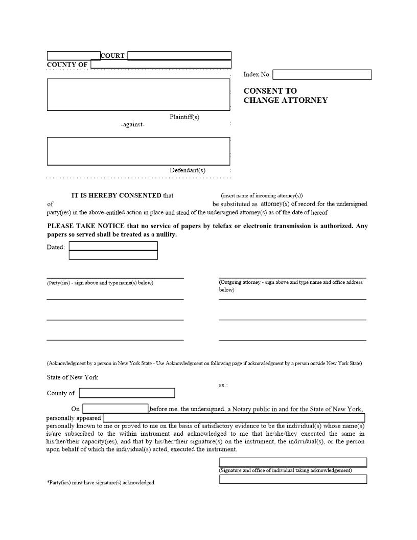 Consent To Change Attorney | Pdf Fpdf Doc Docx | New York