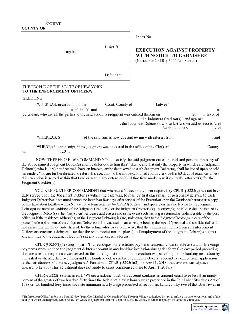 Execution Against Property Notice To Garnishee Debtor Notice Not Served | Pdf Fpdf Docx | New York