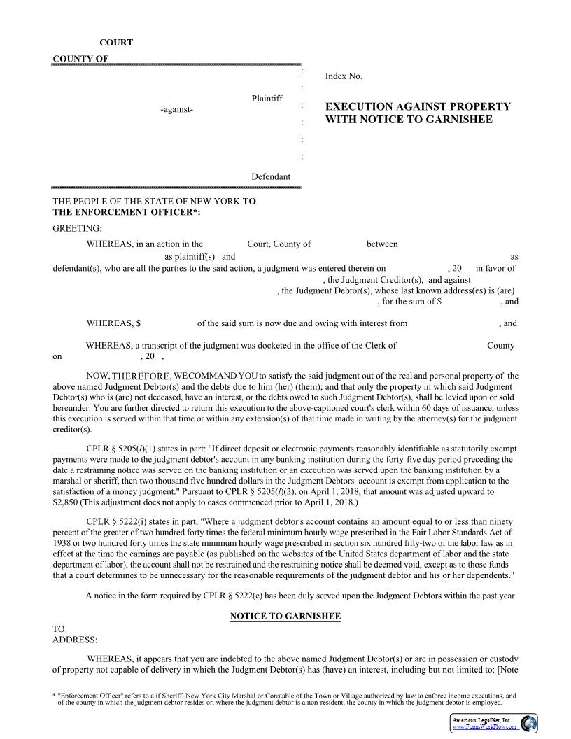 Execution Against Property With Notice To Garnishee | Pdf Fpdf Docx | New York