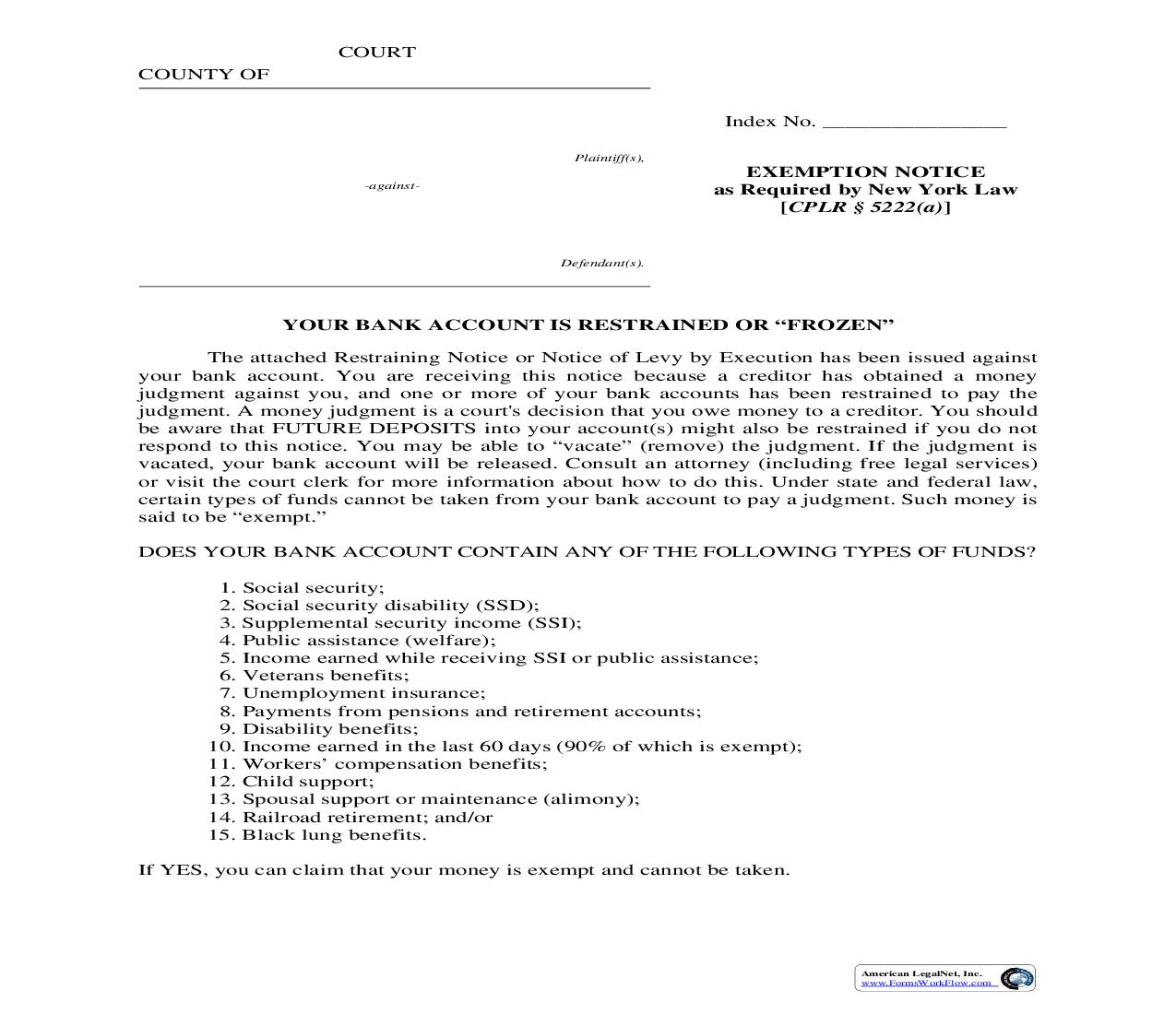 Exemption Notice (To Judgment Debtor) And Exemption Claim Form | Pdf Fpdf Doc Docx | New York