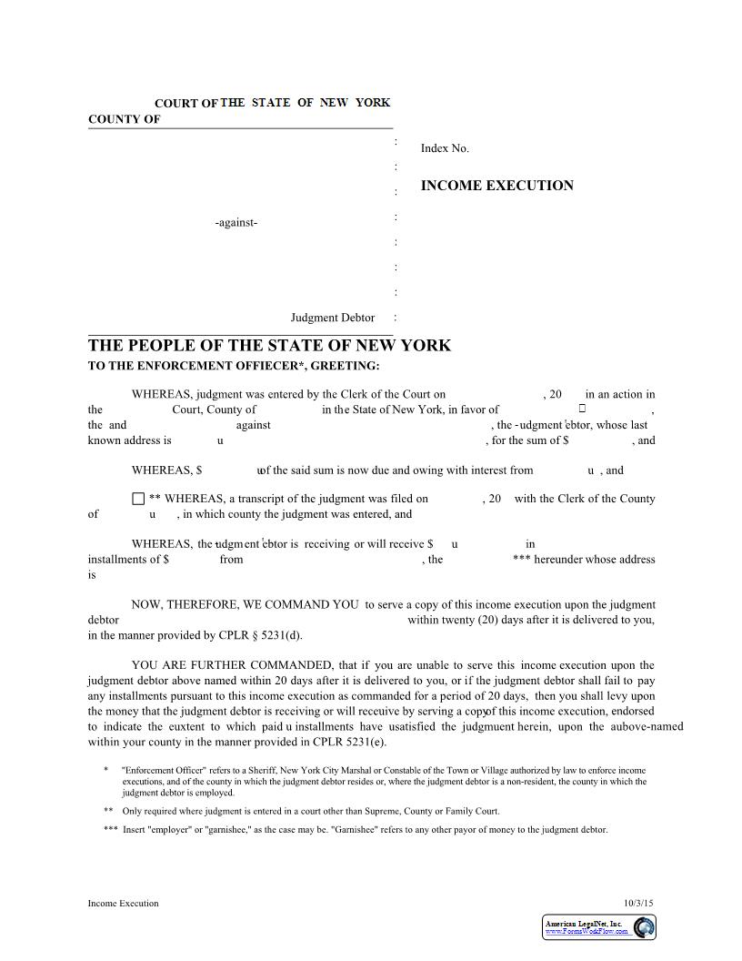 Income Execution | Pdf Fpdf Doc Docx | New York