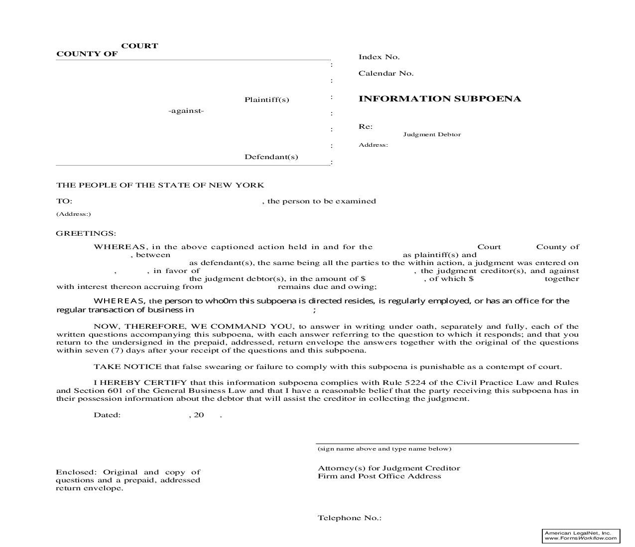 Information Subpoena | Pdf Fpdf Doc Docx | New York