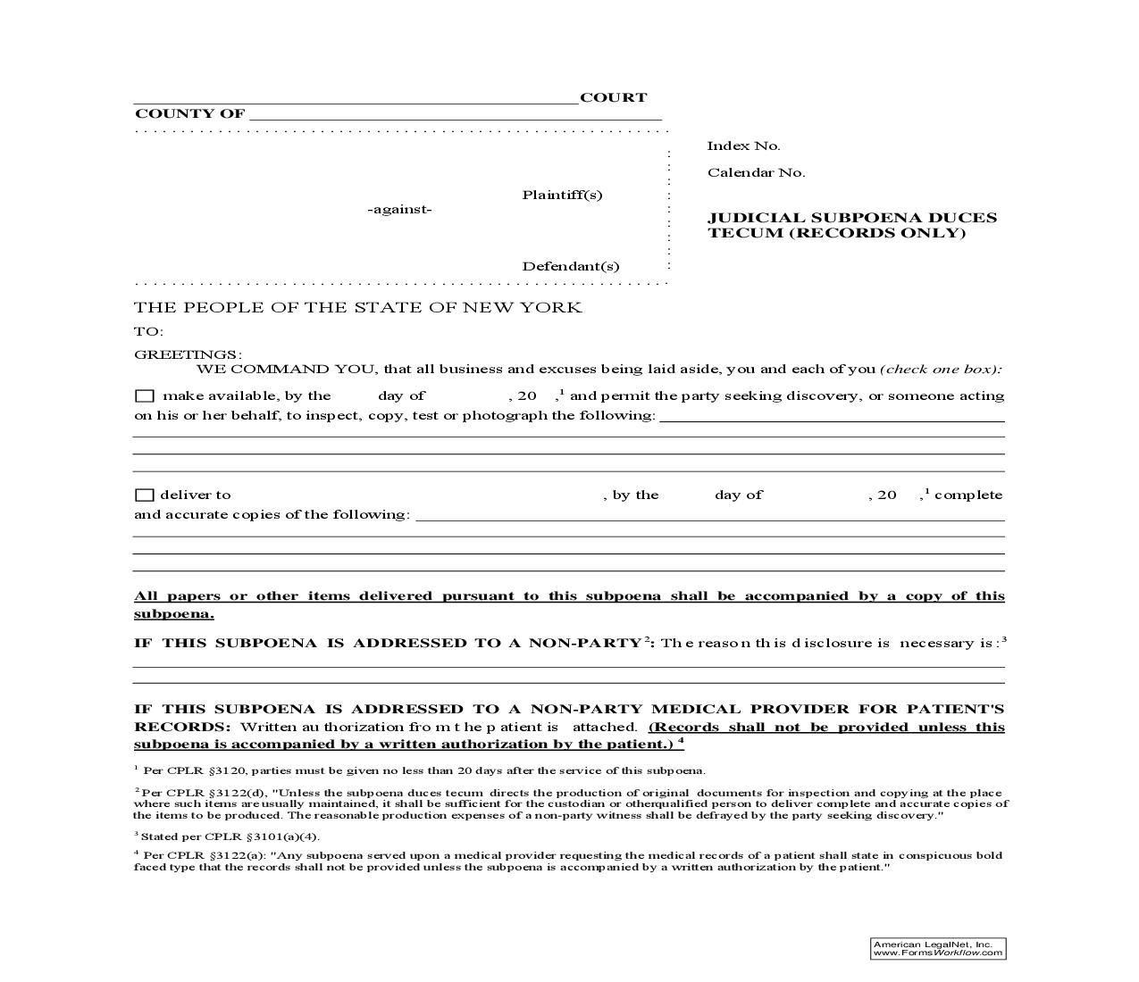 Judicial Subpoena Duces Tecum (Records Only) | Pdf Fpdf Doc Docx | New York