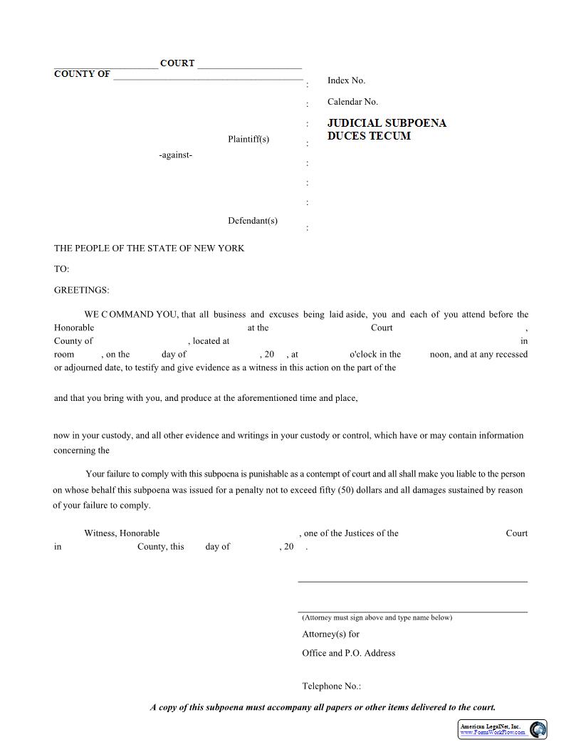 Judicial Subpoena Duces Tecum | Pdf Fpdf Docx | New York