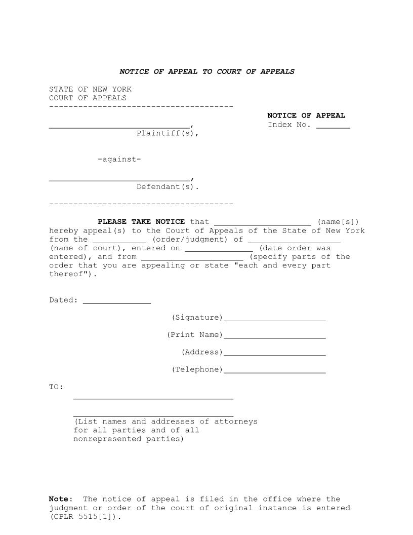 Notice Of Appeal To The Court Of Appeals (Civil - Sample) | Pdf Fpdf Docx | New York