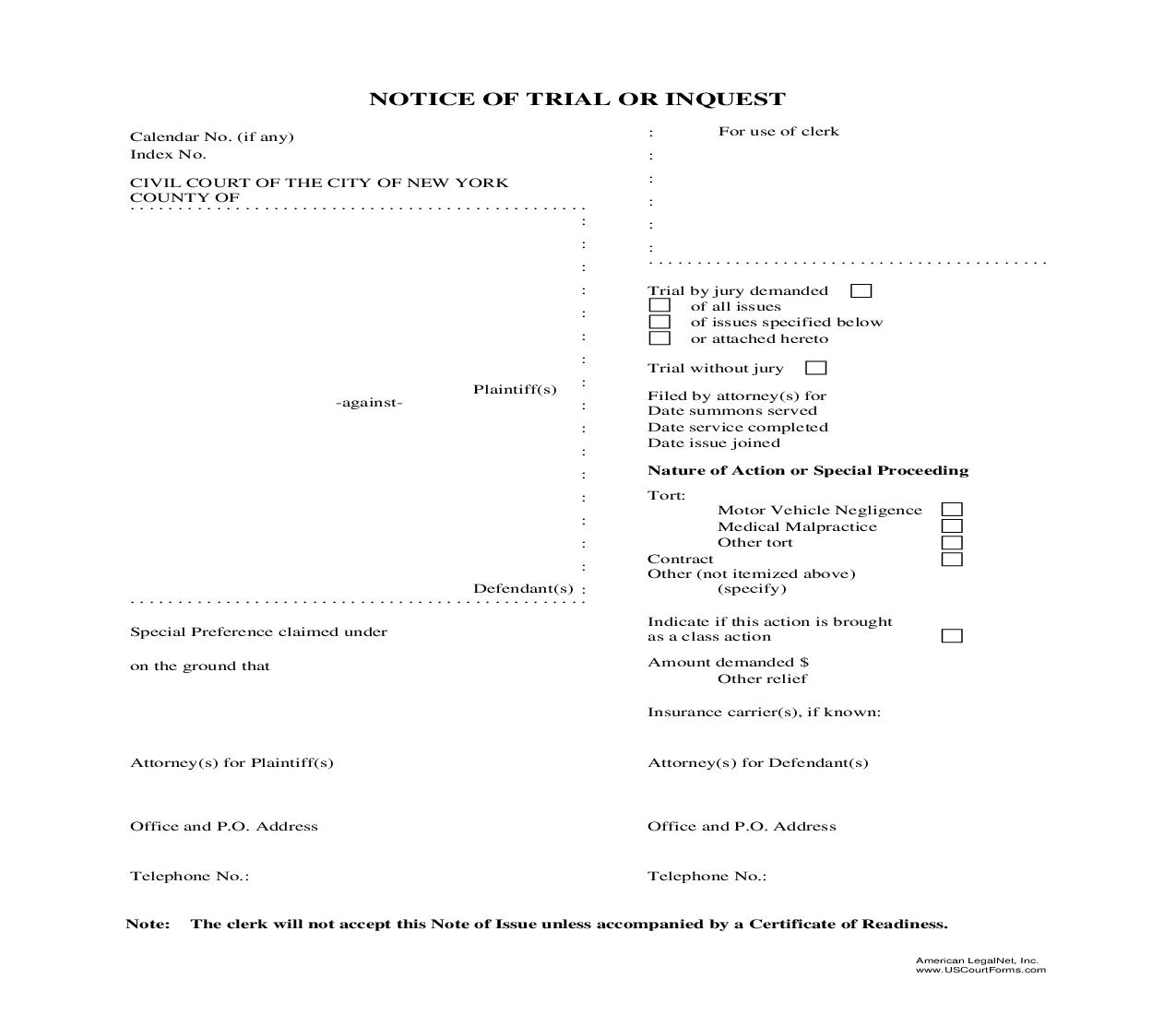 Notice Of Trial Or Inquest | Pdf Fpdf Doc Docx | New York