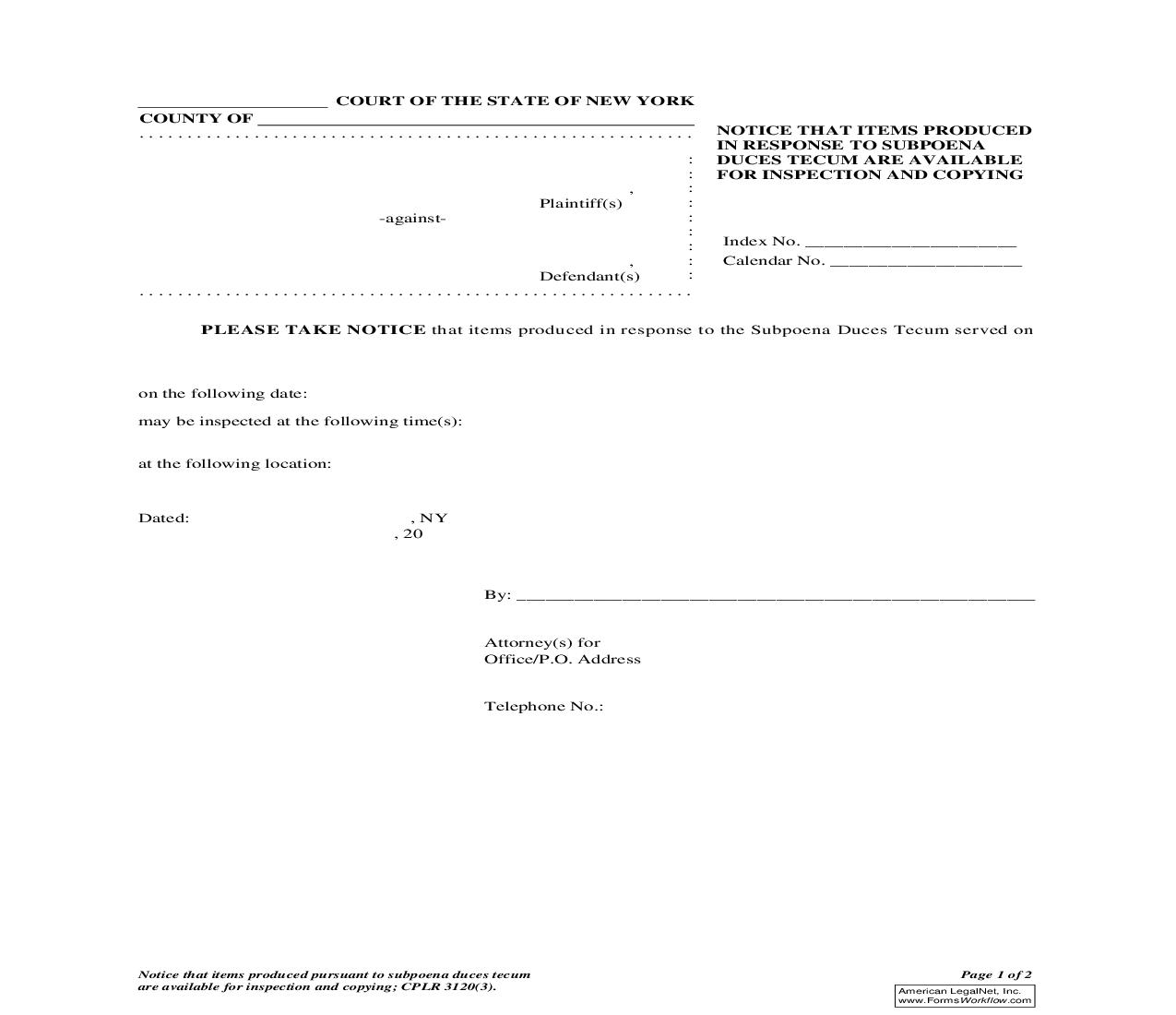 Notice That Items Produced In Response To Subpoena Duces Tecum Are Available For Inspection And Copying | Pdf Fpdf Doc Docx | New York