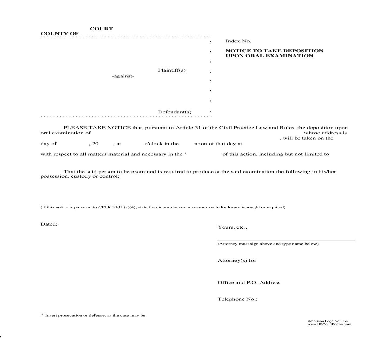 Notice To Take Deposition Upon Oral Examination | Pdf Fpdf Doc Docx | New York