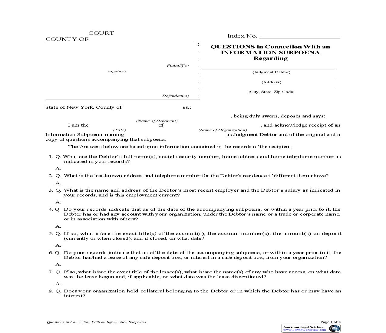 Questions In Connection With Information Subpoena | Pdf Fpdf Doc Docx | New York