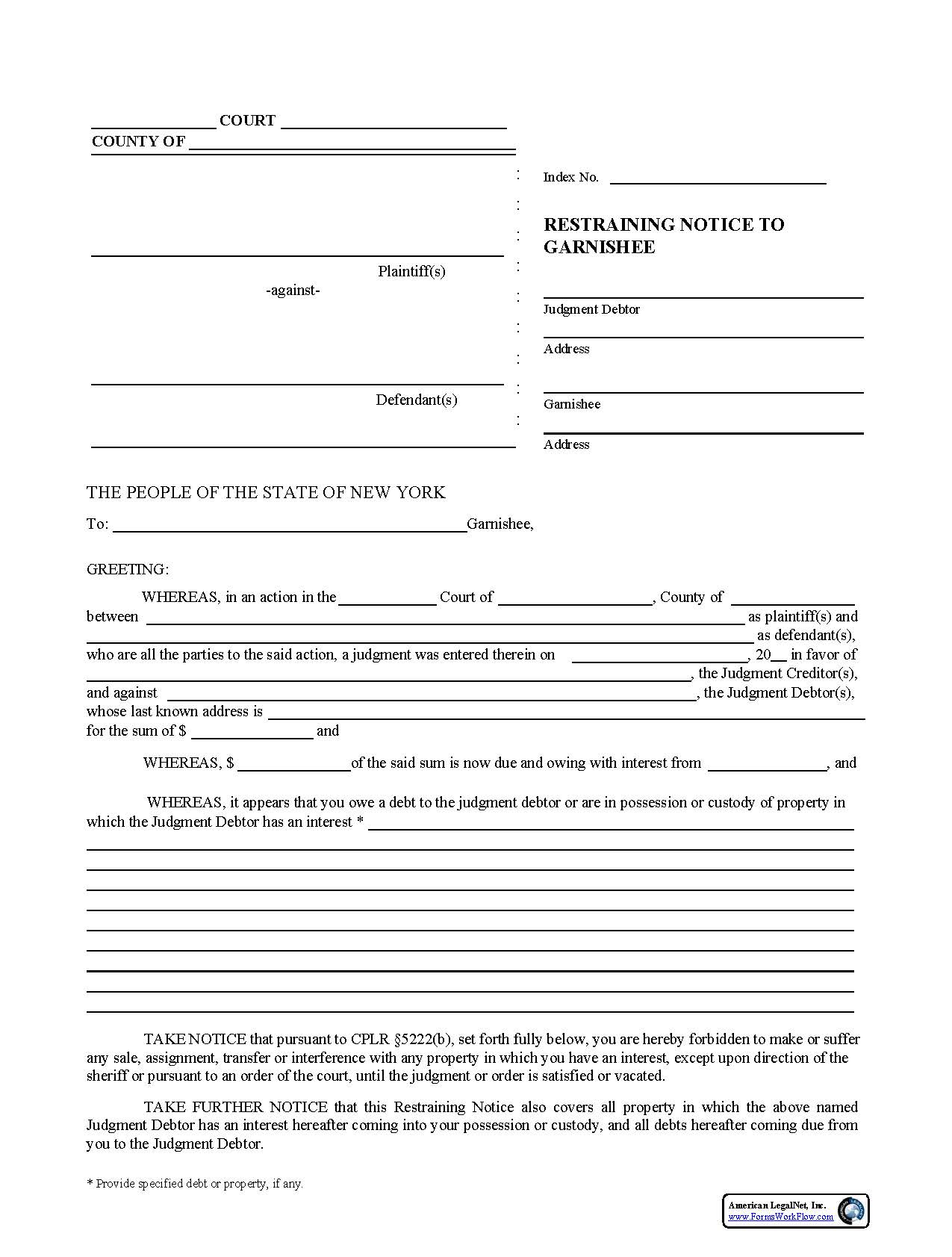 Restraining Notice To Garnishee | Pdf Fpdf Docx | New York