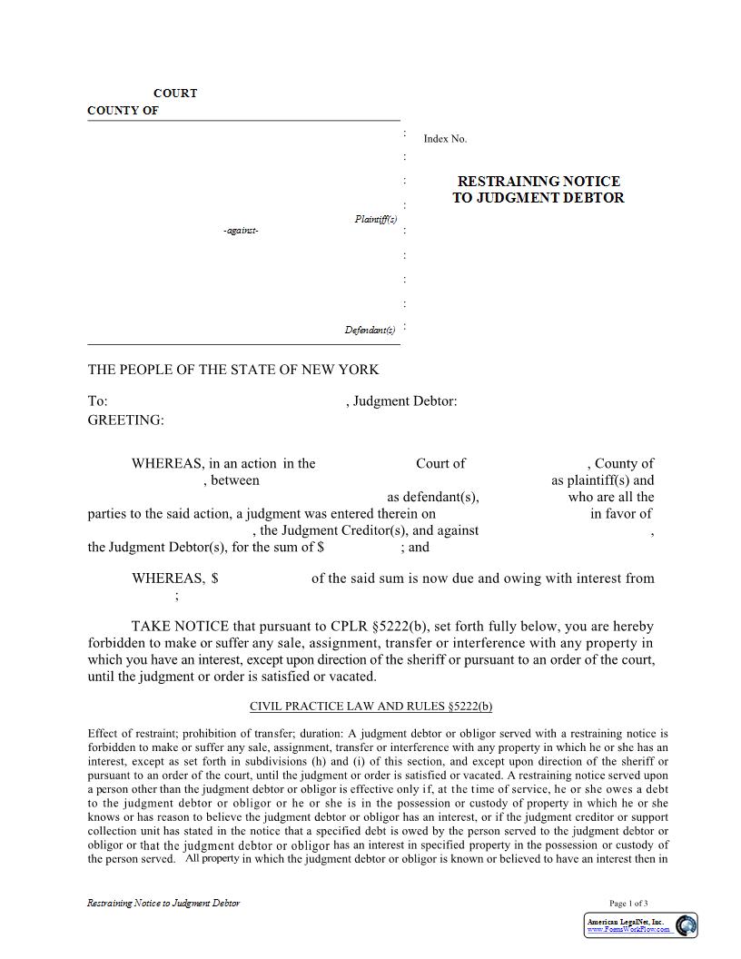 Restraining Notice To Judgment Debtor | Pdf Fpdf Doc Docx | New York