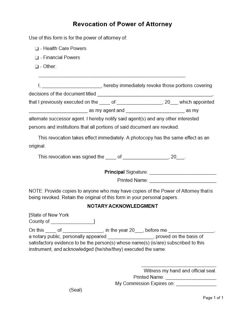 Revocation Of Power Of Attorney | Pdf Fpdf Doc Docx | New York