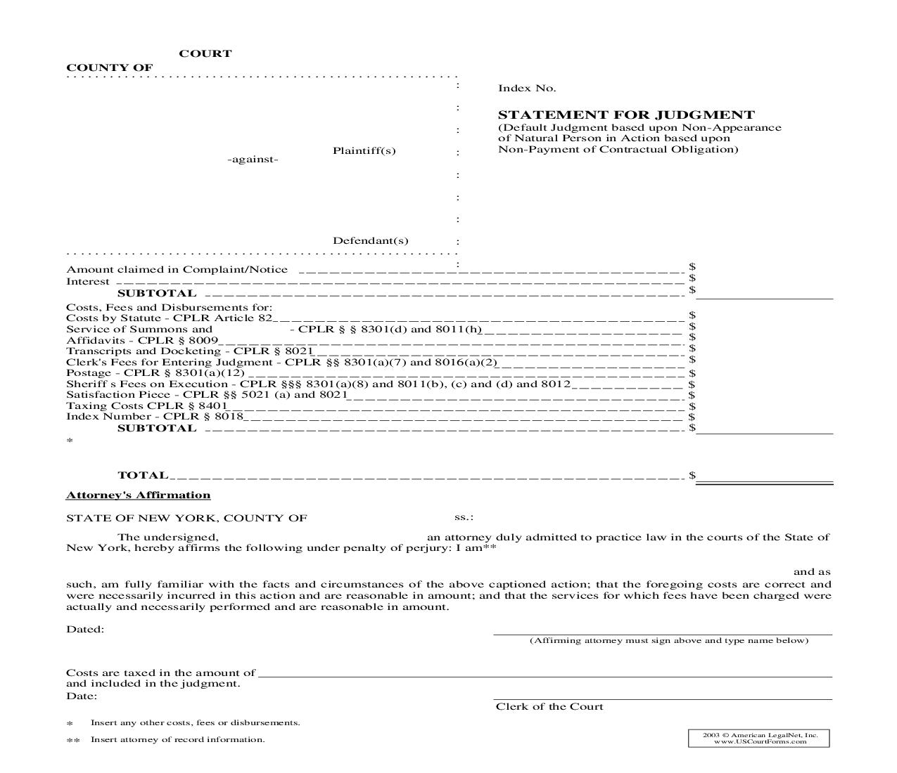 Statement For Judgment (Default Judgment Based Upon Non-Appearance Of Natural Person In Action Based Upon Non-Payment) | Pdf Fpdf Doc Docx | New York
