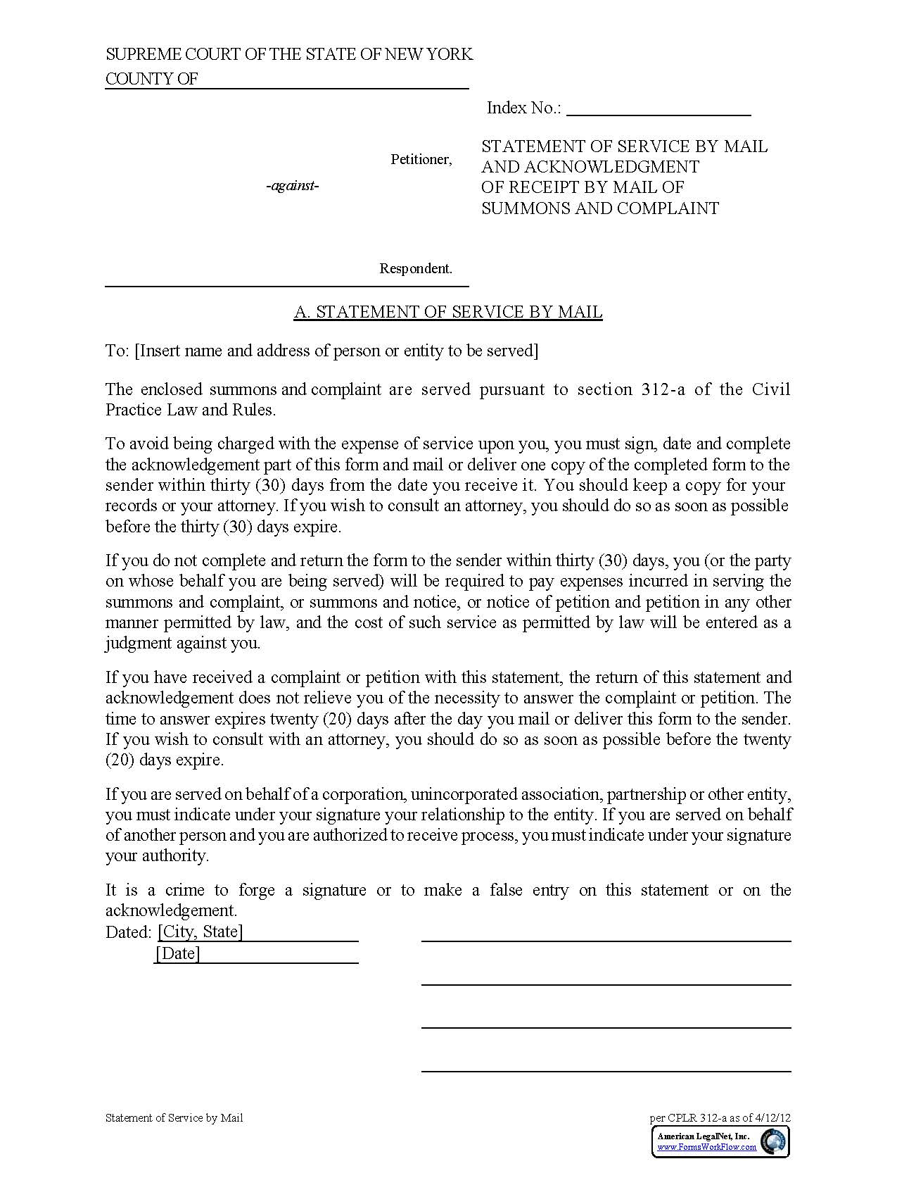 Statement Of Service By Mail | Pdf Fpdf Doc Docx | New York