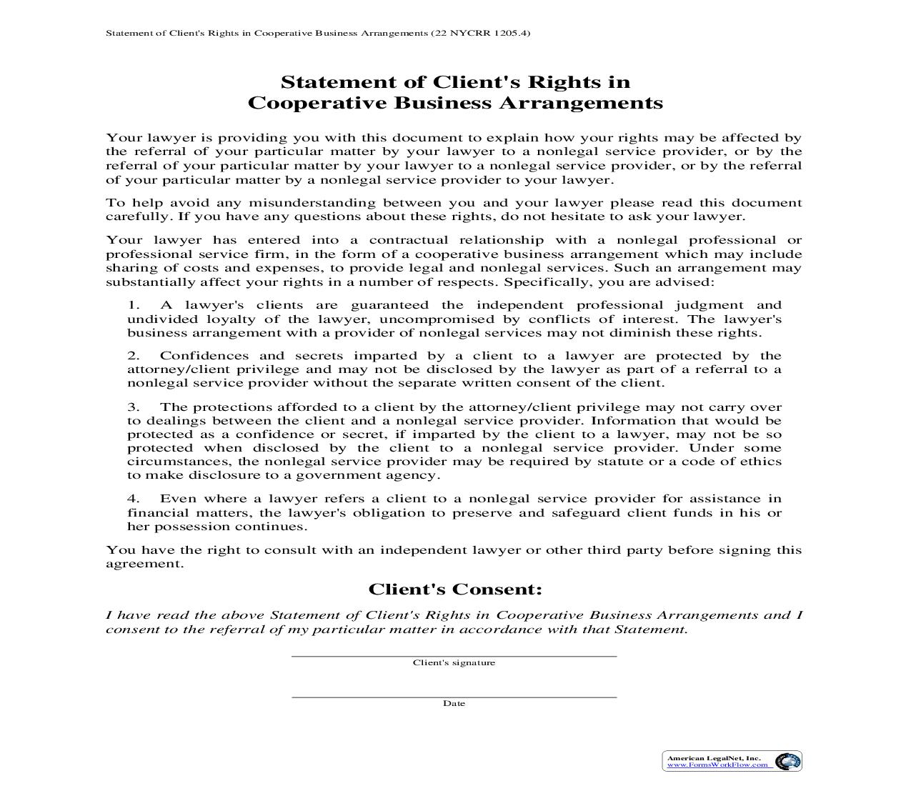 Statement of Clients Rights In Cooperative Business Arrangements | Pdf Fpdf Doc Docx | New York