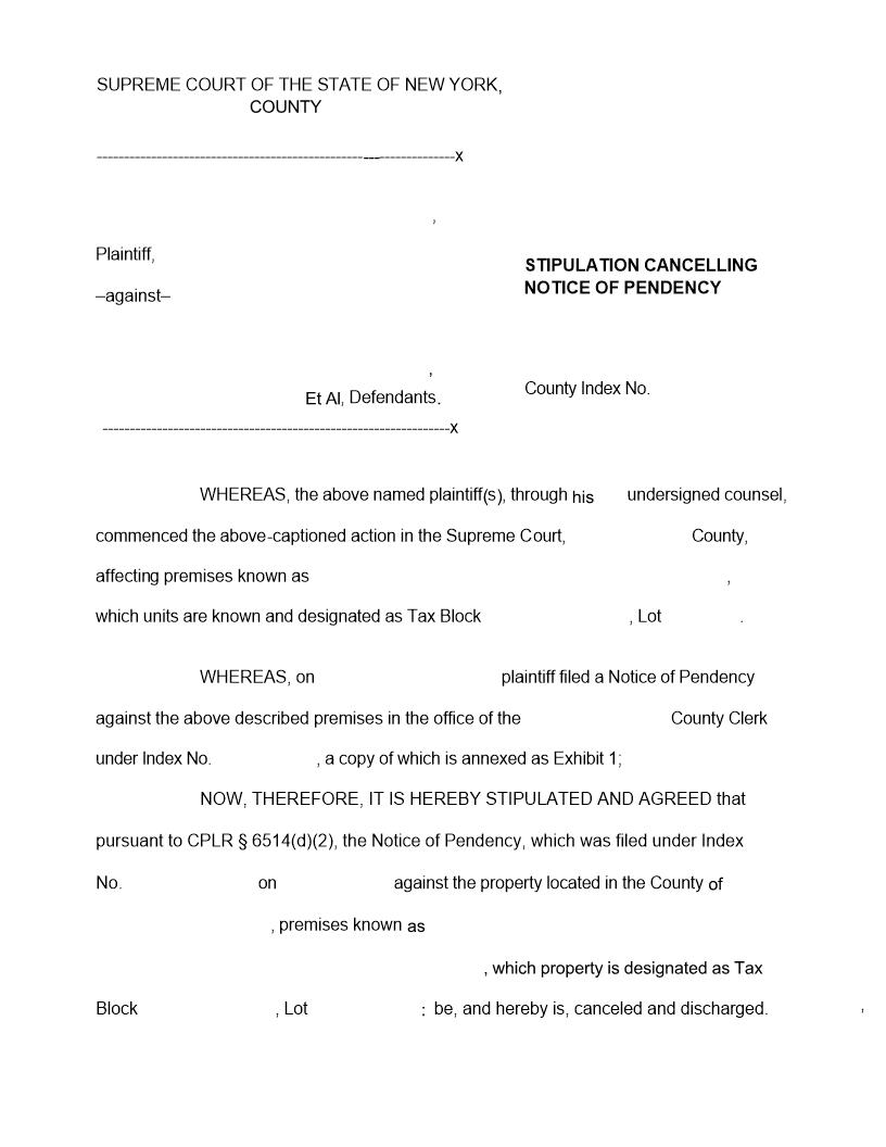 Stipulation Cancelling Notice Of Pendency | Pdf Fpdf Doc Docx | New York
