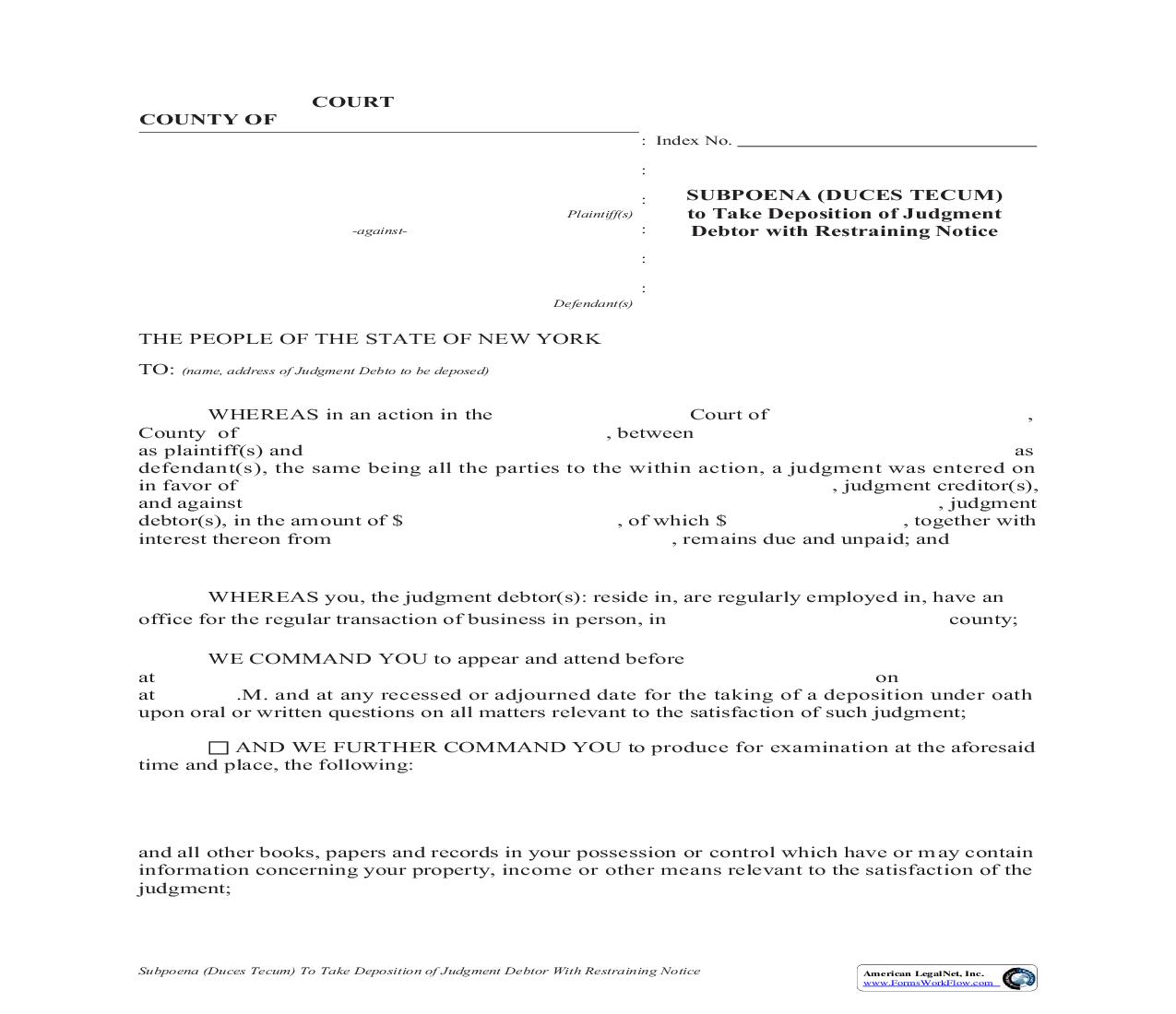 Subpoena (Duces Tecum) To Take Deposition Of Judgment Debtor With Restraining Notice | Pdf Fpdf Doc Docx | New York