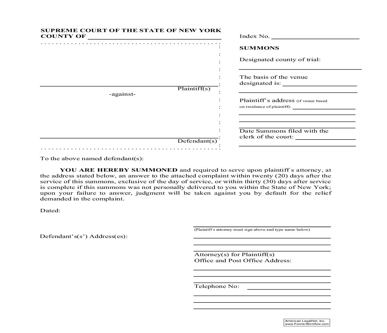 Summons (State Court) | Pdf Fpdf Doc Docx | New York