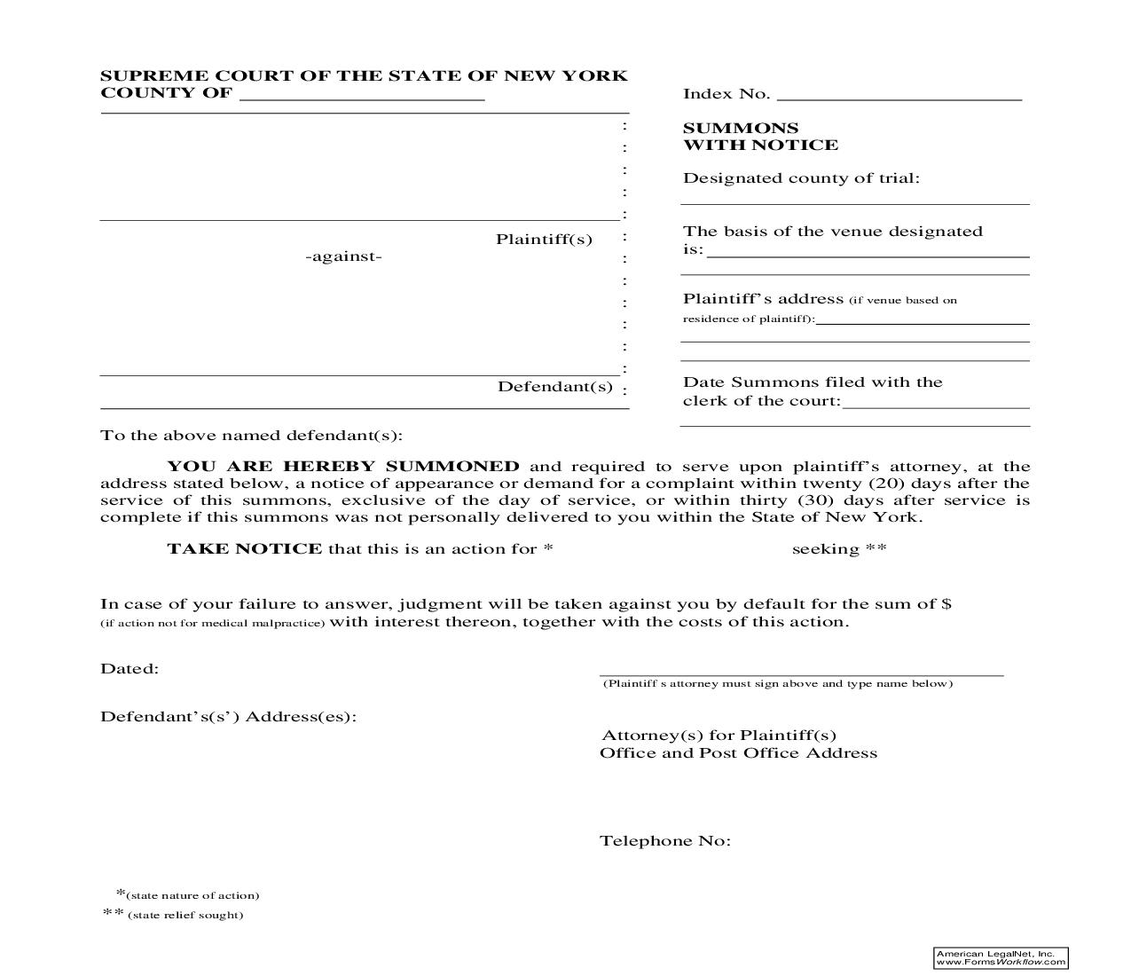 Summons With Notice | Pdf Fpdf Doc Docx | New York