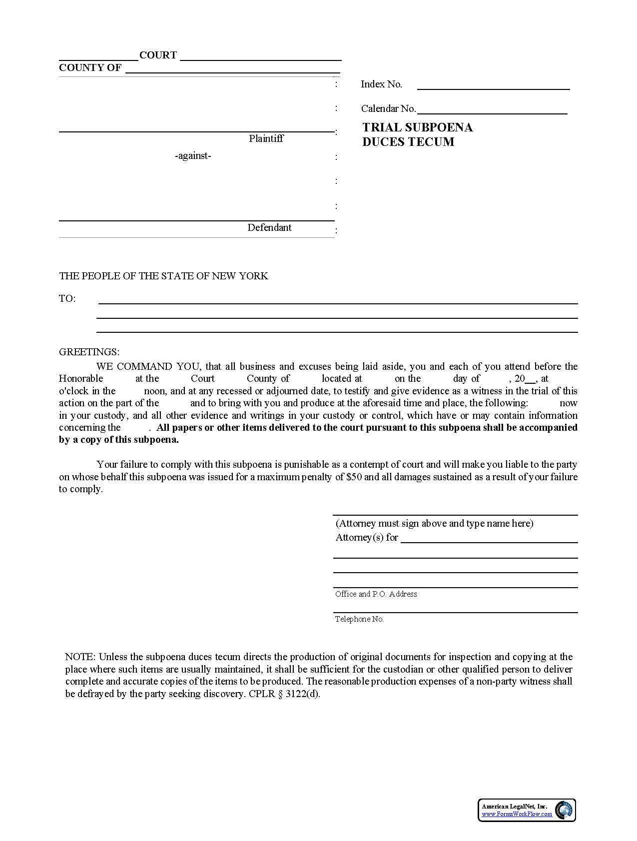 Trial Subpoena Duces Tecum | Pdf Fpdf Doc Docx | New York