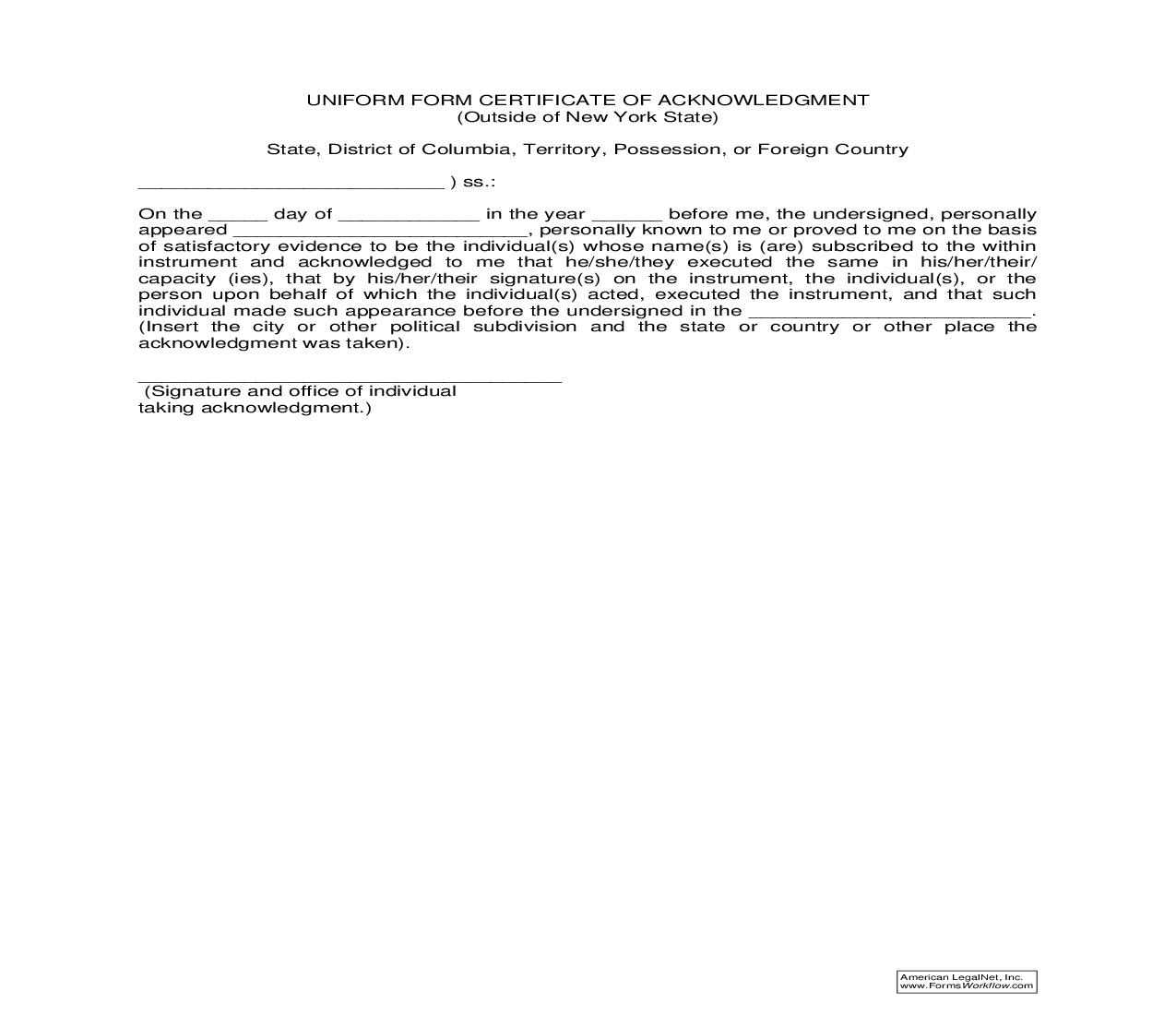 Uniform Form Of Certificate Of Acknowledgment (Outside NY) | Pdf Fpdf Doc Docx | New York
