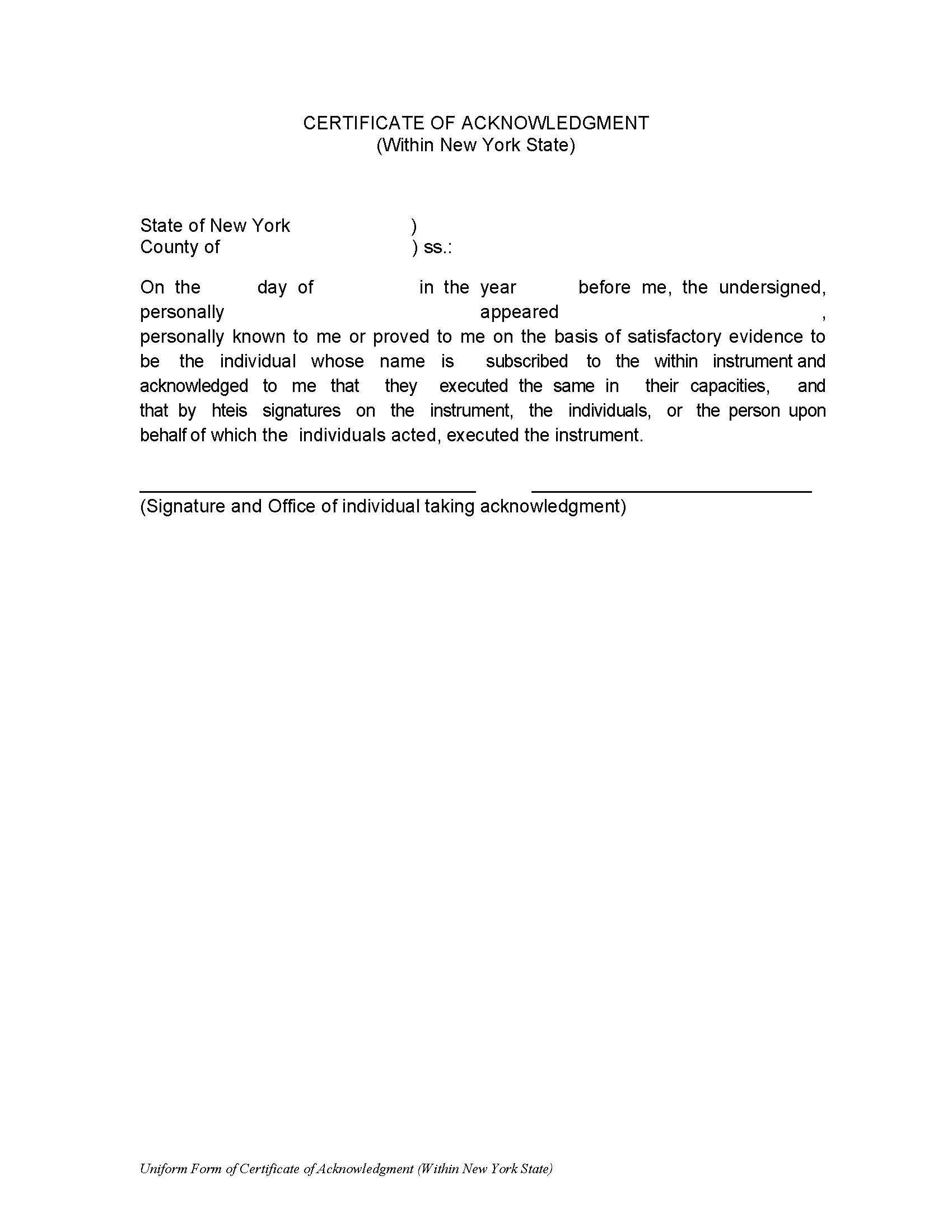Uniform Form Of Certificate Of Acknowledgment (Within New York) | Pdf Fpdf Doc Docx | New York