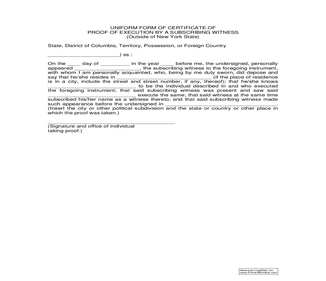 Uniform Form Of Certificate Of Proof Of Execution (Outside NY) | Pdf Fpdf Doc Docx | New York