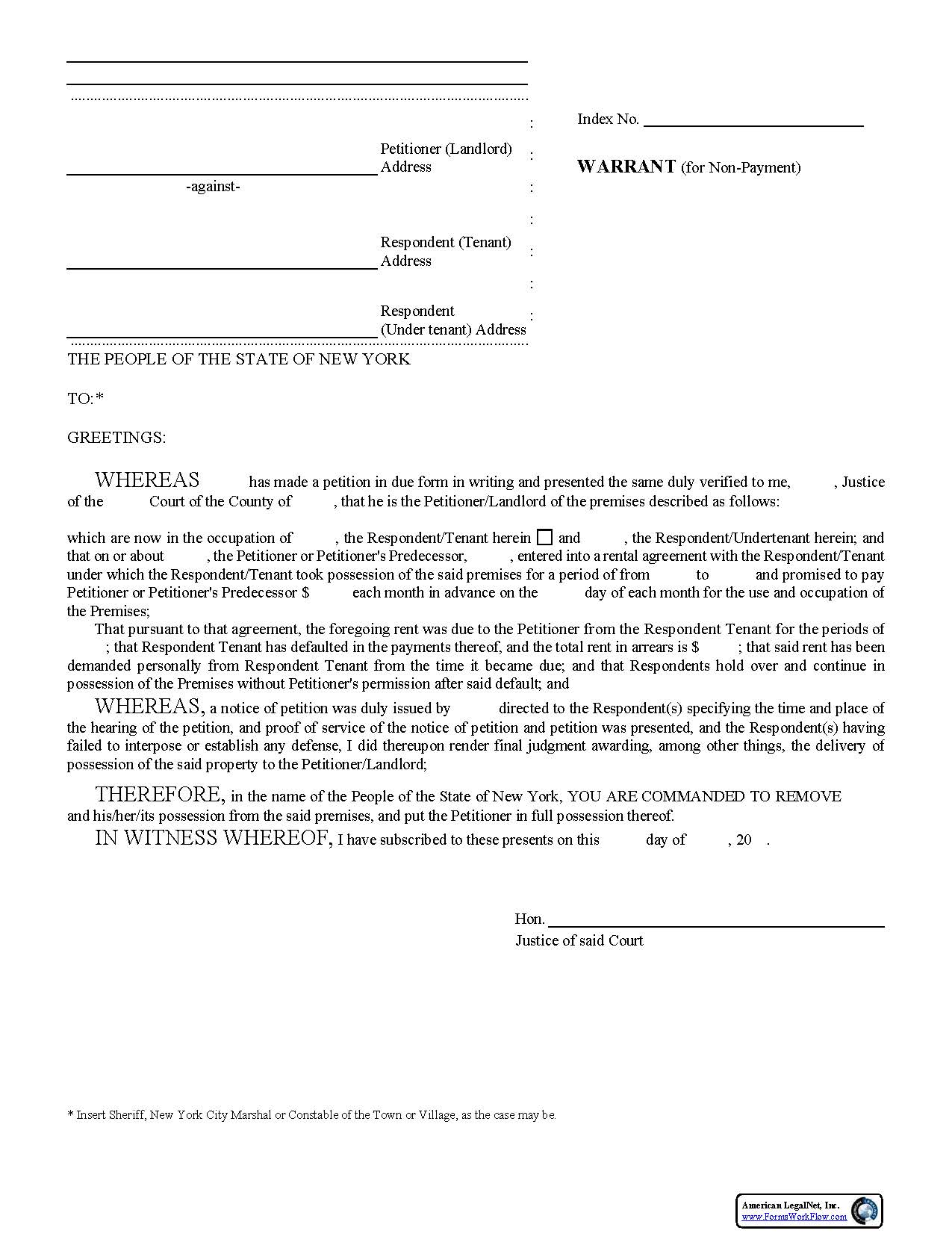 Warrant (For Non-Payment) | Pdf Fpdf Doc Docx | New York