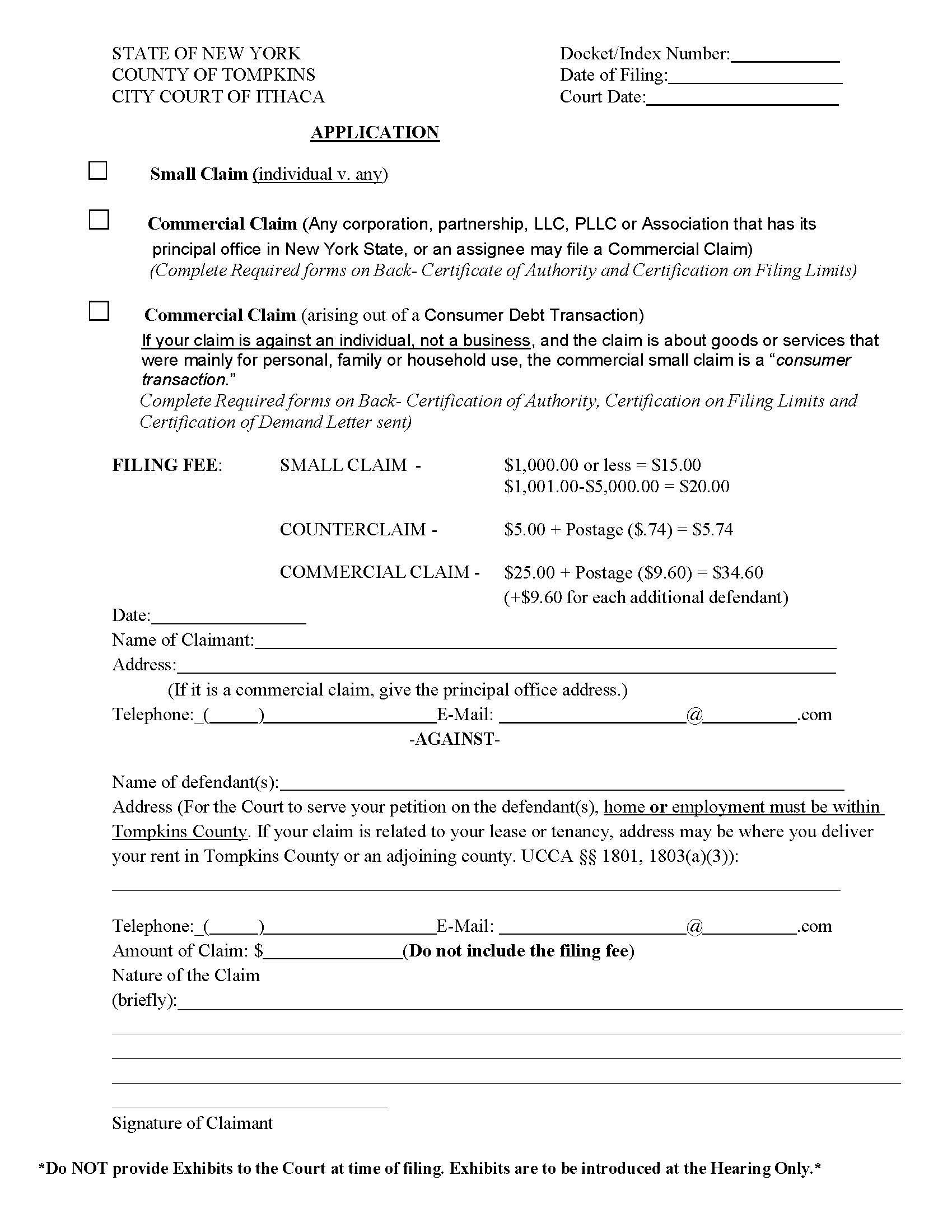 Application (Small Claim-Commercial Claim) {6JD A-SC_CC} | Pdf Fpdf Docx | New York