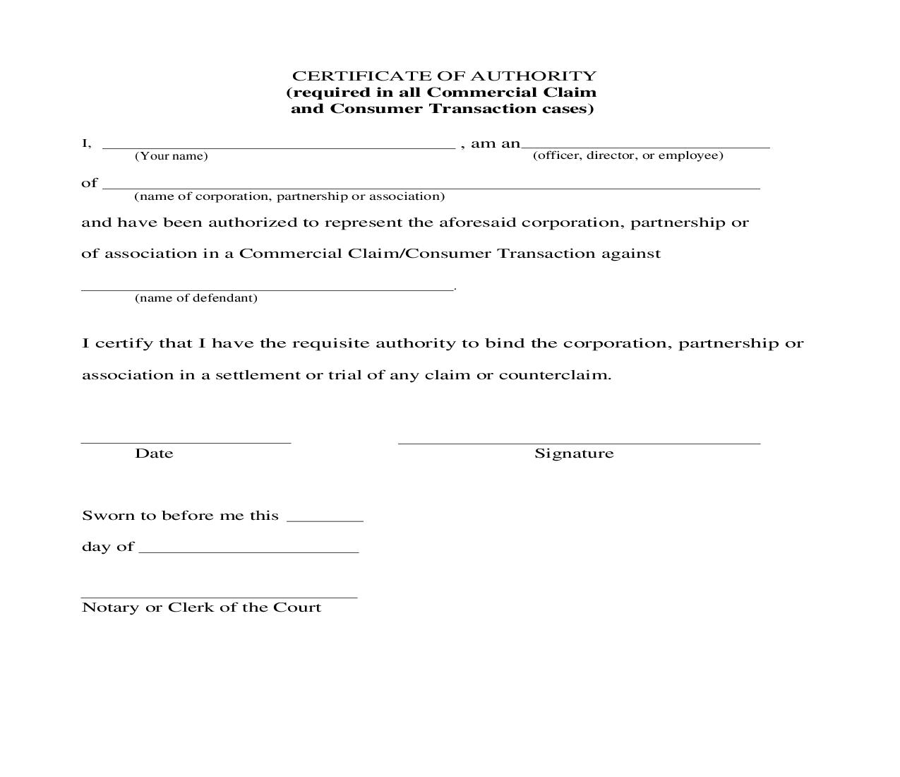 Certificate Of Authority (Required In All Commercial Claim And Consumer Transaction Cases) | Pdf Fpdf Doc Docx | New York