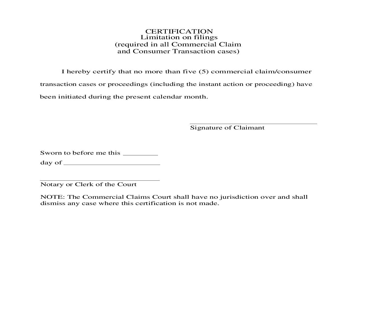 Certification - Limitation On Filings (Required In All Commercial Claim And Consumer Transaction Cases) | Pdf Fpdf Doc Docx | New York