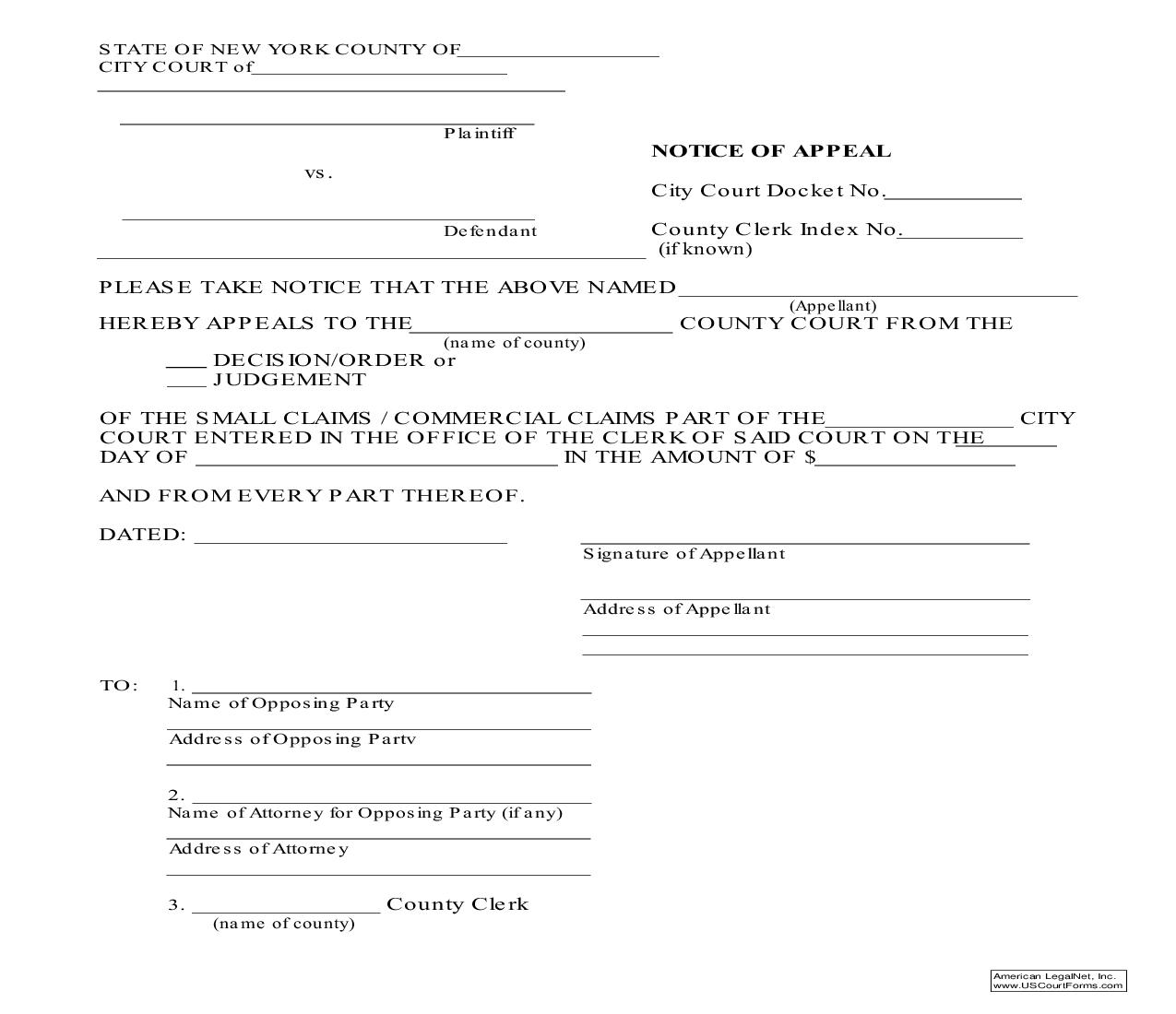 Notice Of Appeal (Small-Commercial Claims) | Pdf Fpdf Doc Docx | New York