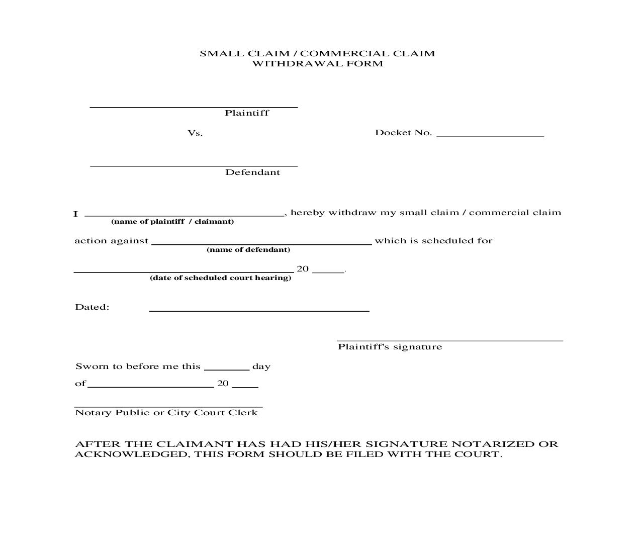 Small Claim-Commercial Claim Withdrawal Form | Pdf Fpdf Doc Docx | New York