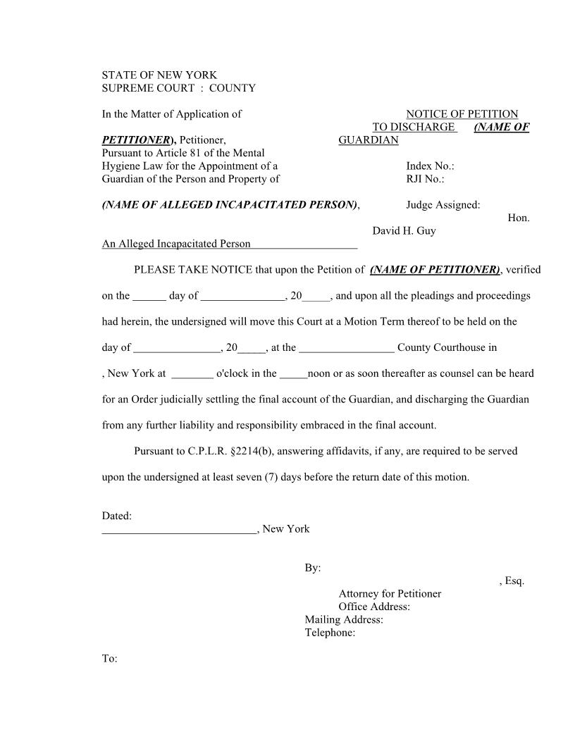 Notice Of Petition To Discharge Guardian (After Death Of Ward) | Pdf Fpdf Docx | New York