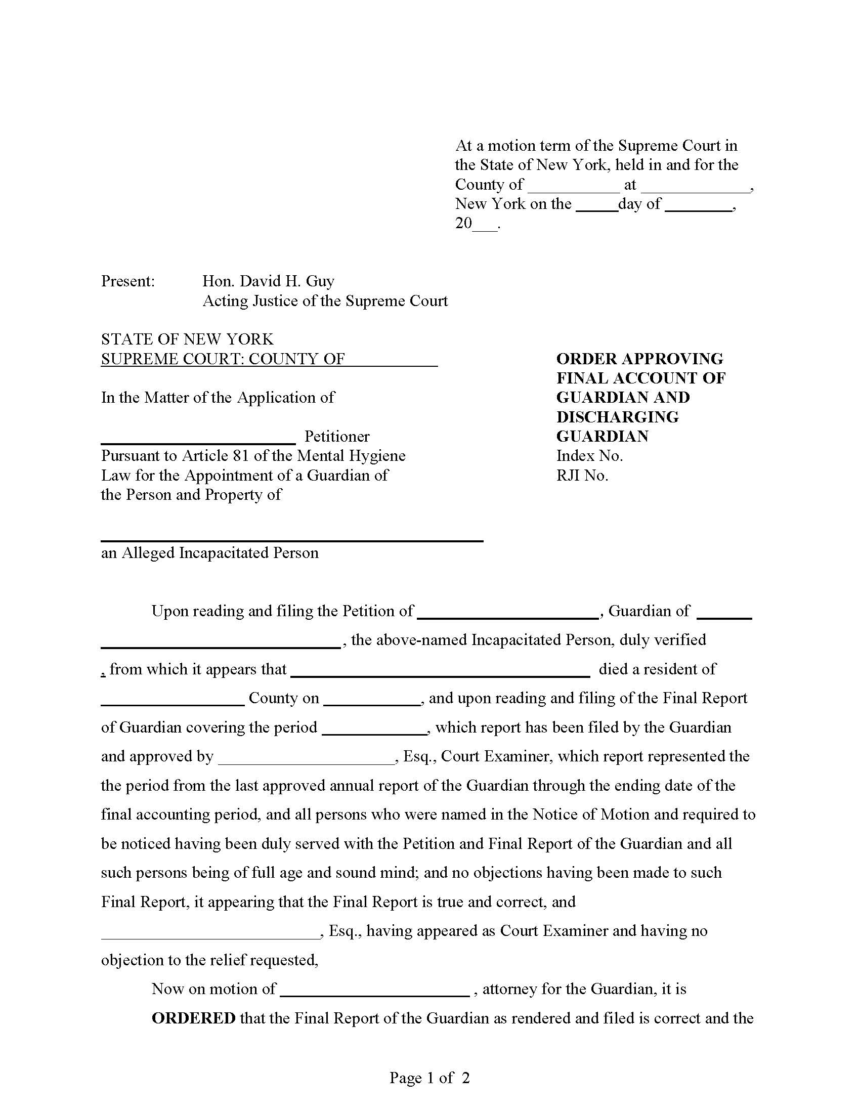 Order Approving Final Account Discharging Guardian (After Death Of Ward) | Pdf Fpdf Docx | New York