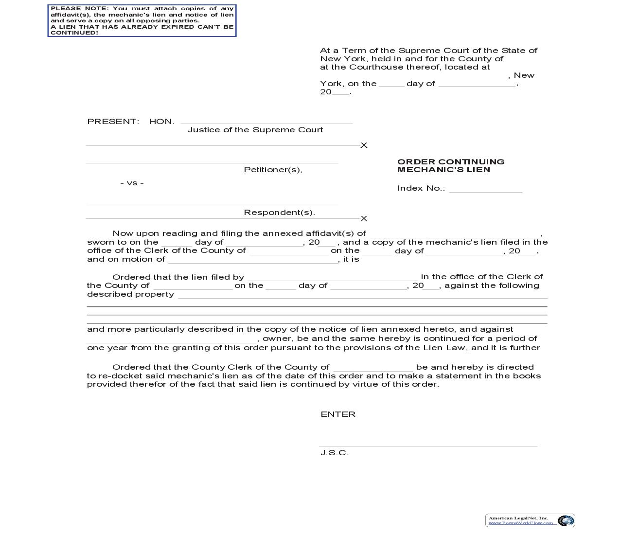 Order Continuing Mechanics Lien | Pdf Fpdf Doc Docx | New York