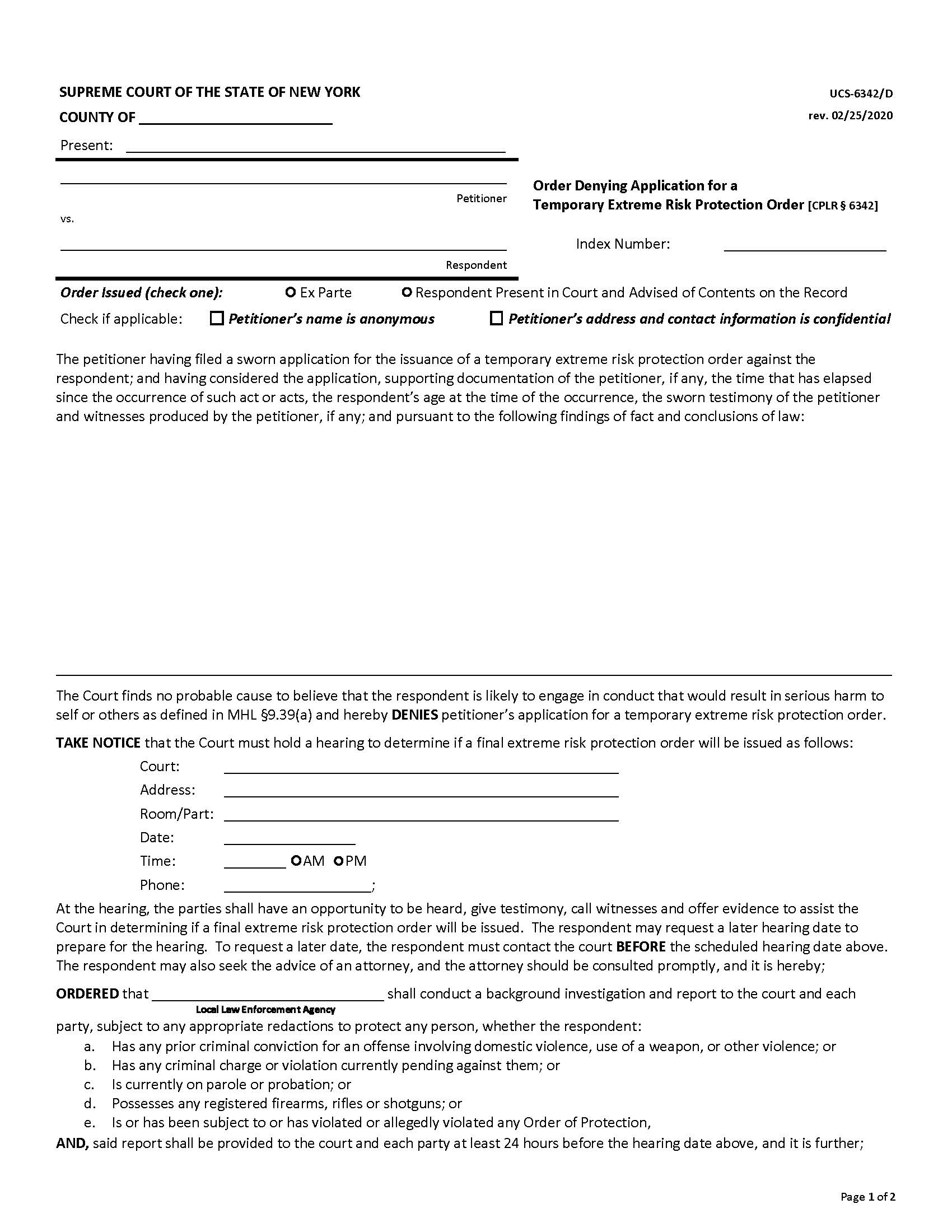 Order Denying Application For A Temporary Extreme Risk Protection Order {UCS-6342-D) | Pdf Fpdf Docx | New York