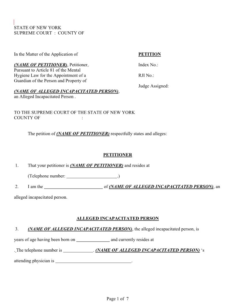 Petition For Guardianship (Alleged Incapacitated Person) | Pdf Fpdf Docx | New York