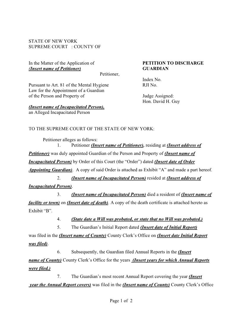Petition To Discharge Guardian (After Death Of Ward) | Pdf Fpdf Docx | New York