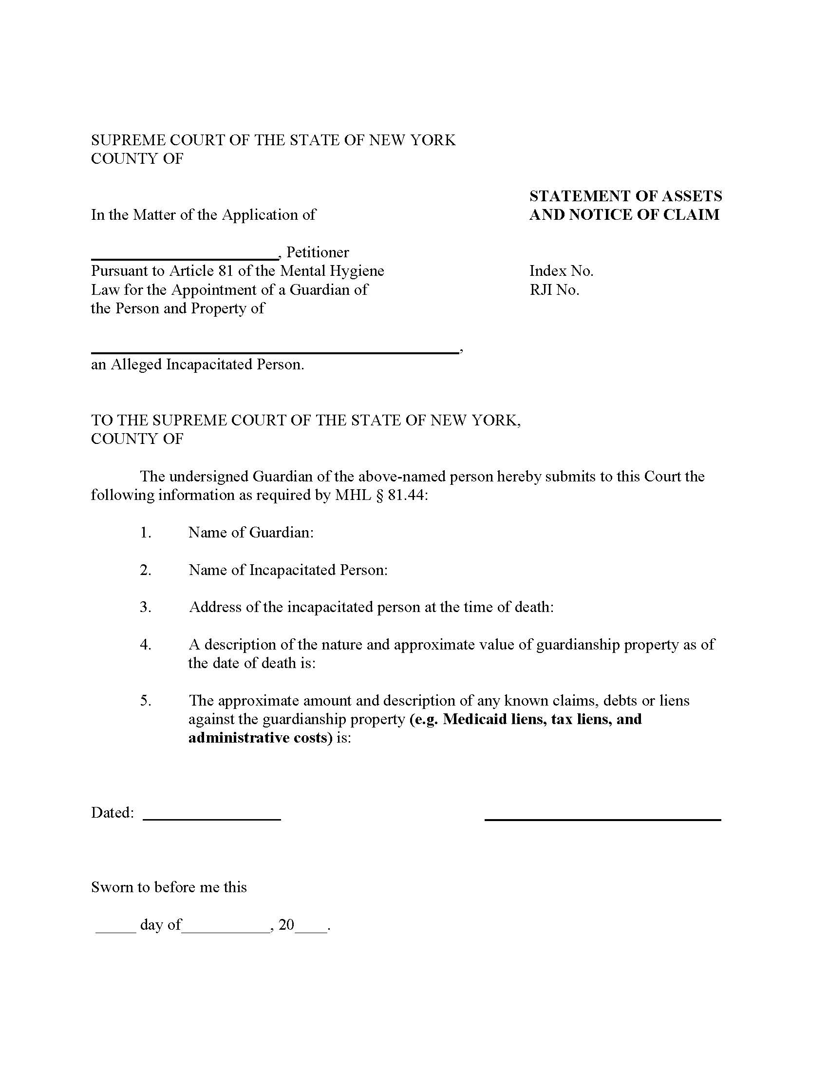 Statement Of Assets Notice Of Claim (Guardianship) | Pdf Fpdf Docx | New York