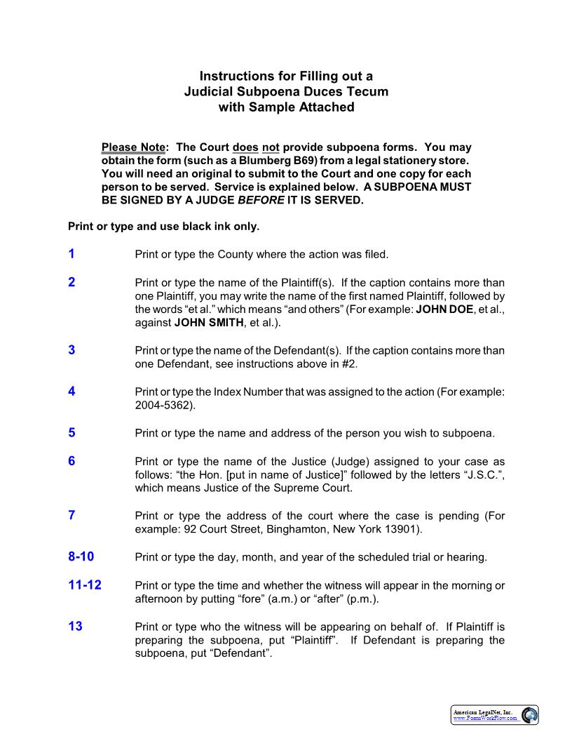 Subpoena Duces Tecum With Instructions Sample And Form | Pdf Fpdf Docx | New York