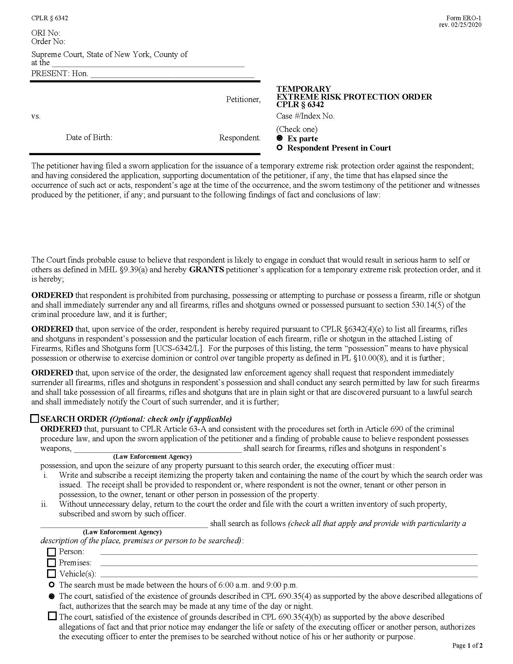 Temporary Extreme Risk Protection Order {ERO-1) | Pdf Fpdf Docx | New York
